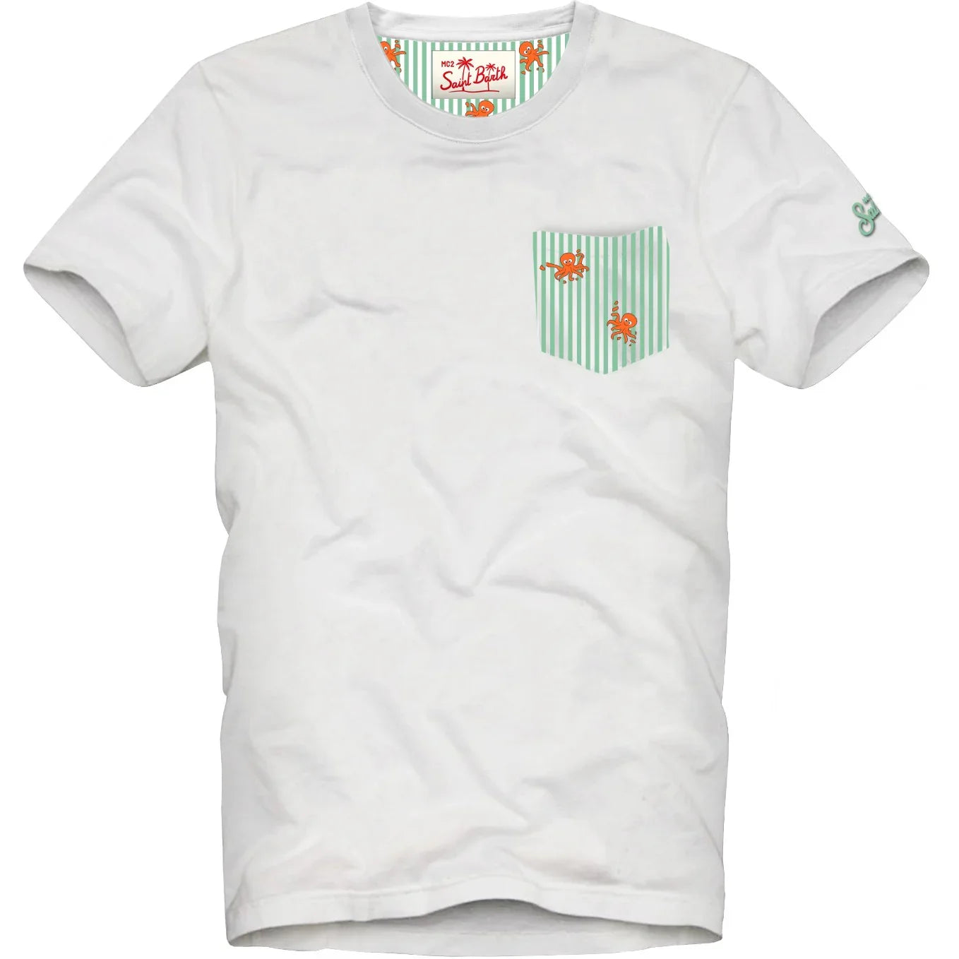 T-shirt bianca uomo con taschino a righe verdi e decorazione granchio arancione