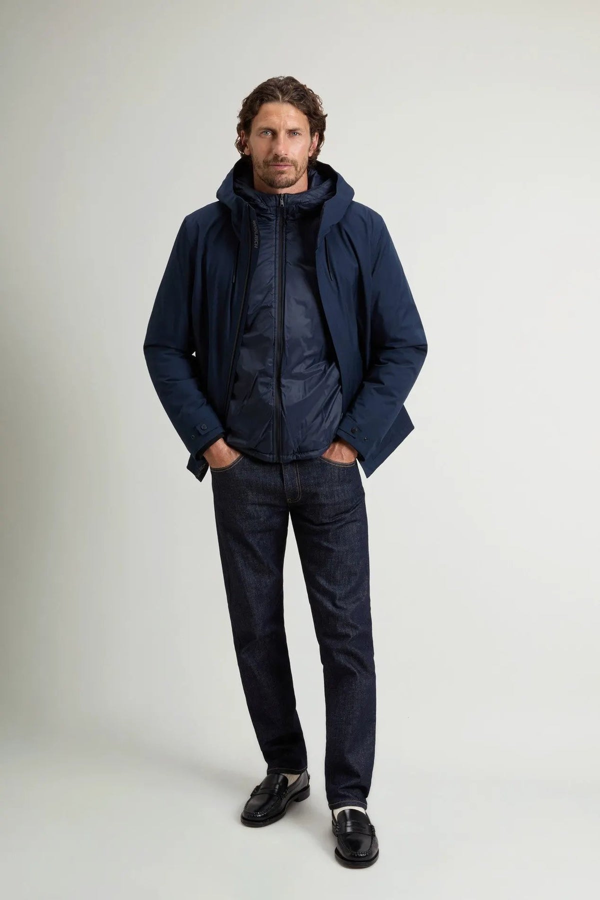 Giacca Woolrich Crestmont 3 in 1 Melton Blue - Vista tre quarti indossata