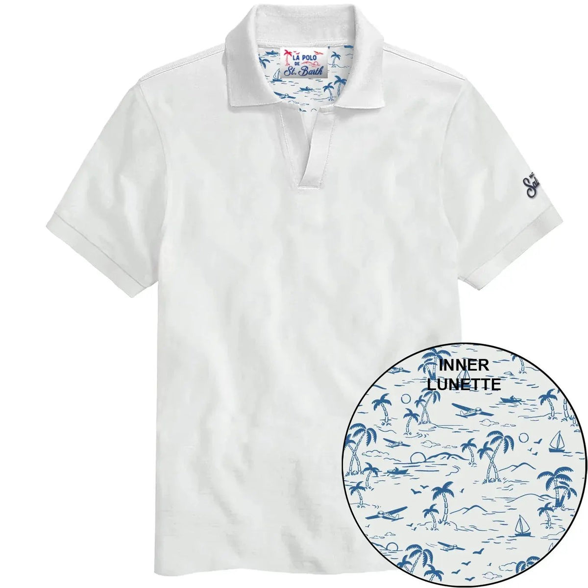 Polo uomo bianca in cotone con colletto classico e dettaglio interno a fantasia blu tropicale.