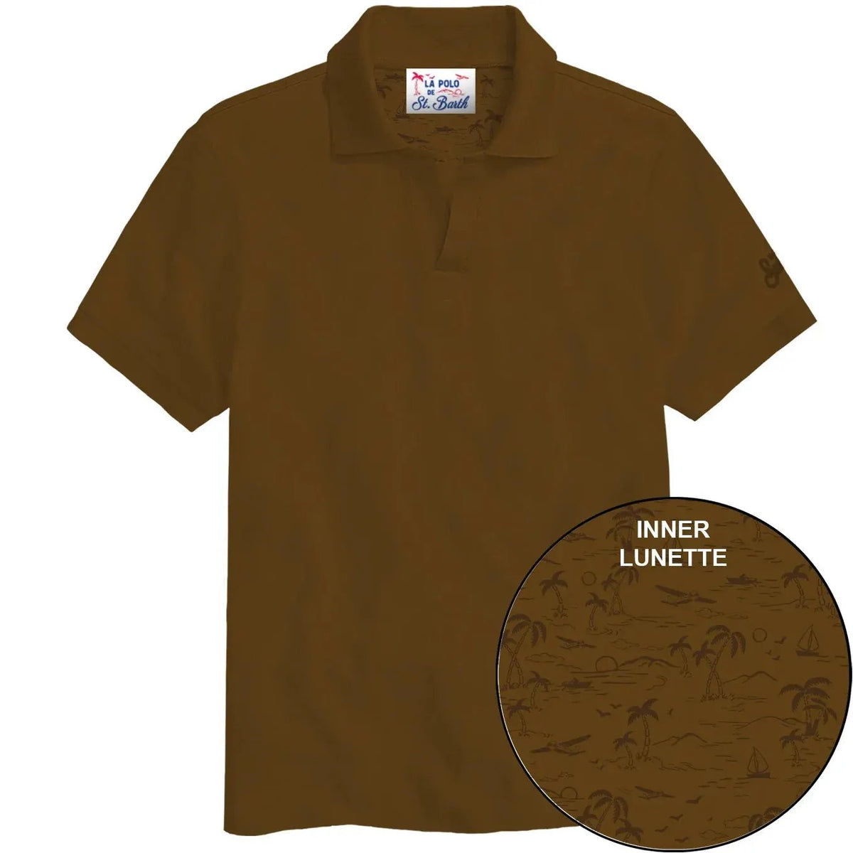 Polo uomo marrone manica corta con fantasia interna tropicale, stile casual elegante.