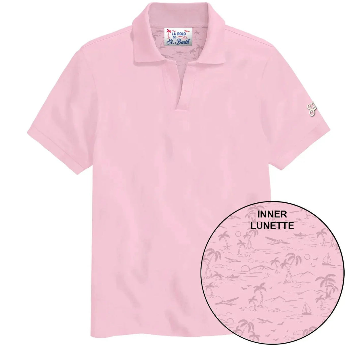 Polo uomo rosa con colletto classico, dettaglio interno fantasia palme, manica corta.