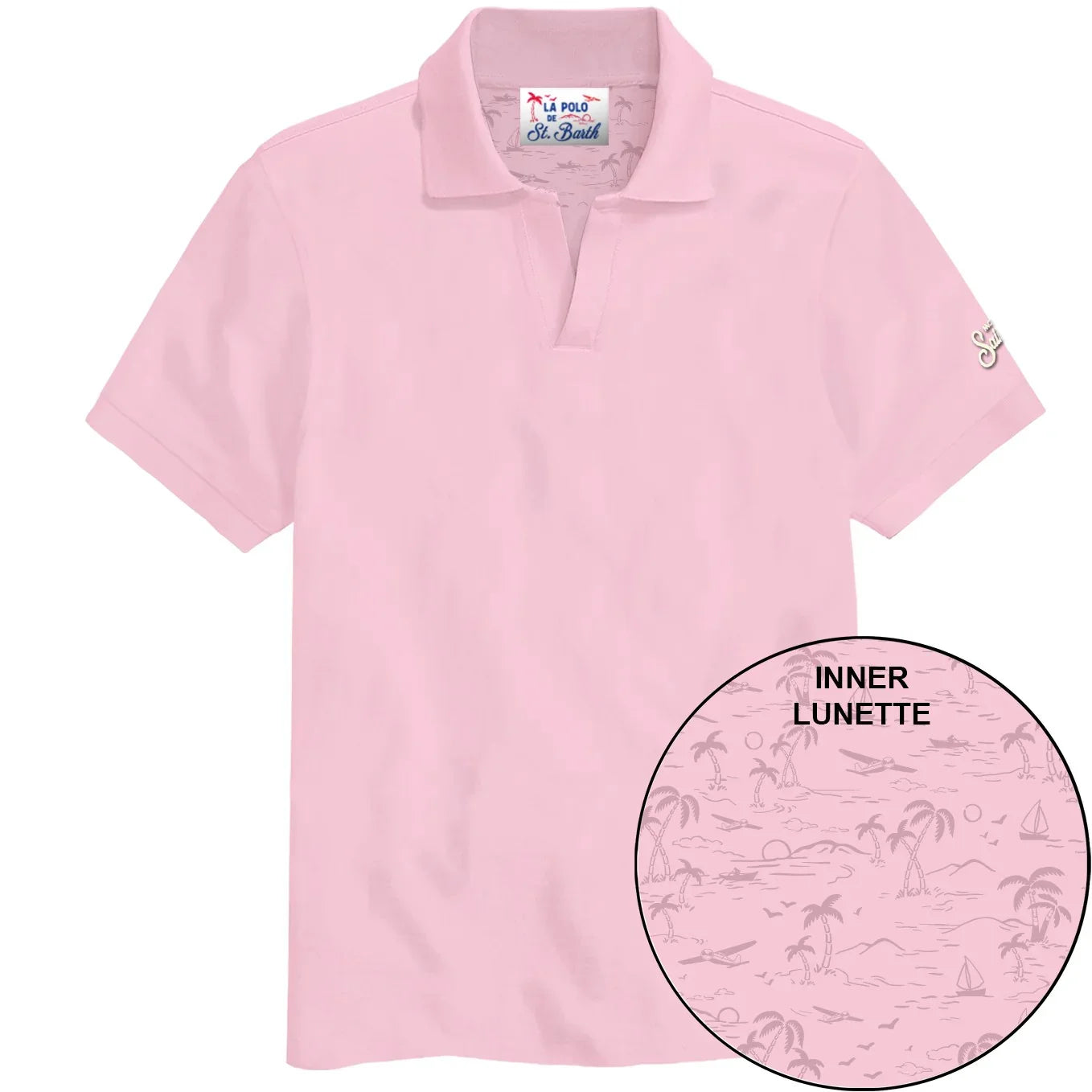 Polo uomo rosa con colletto classico, dettaglio interno fantasia palme, manica corta.