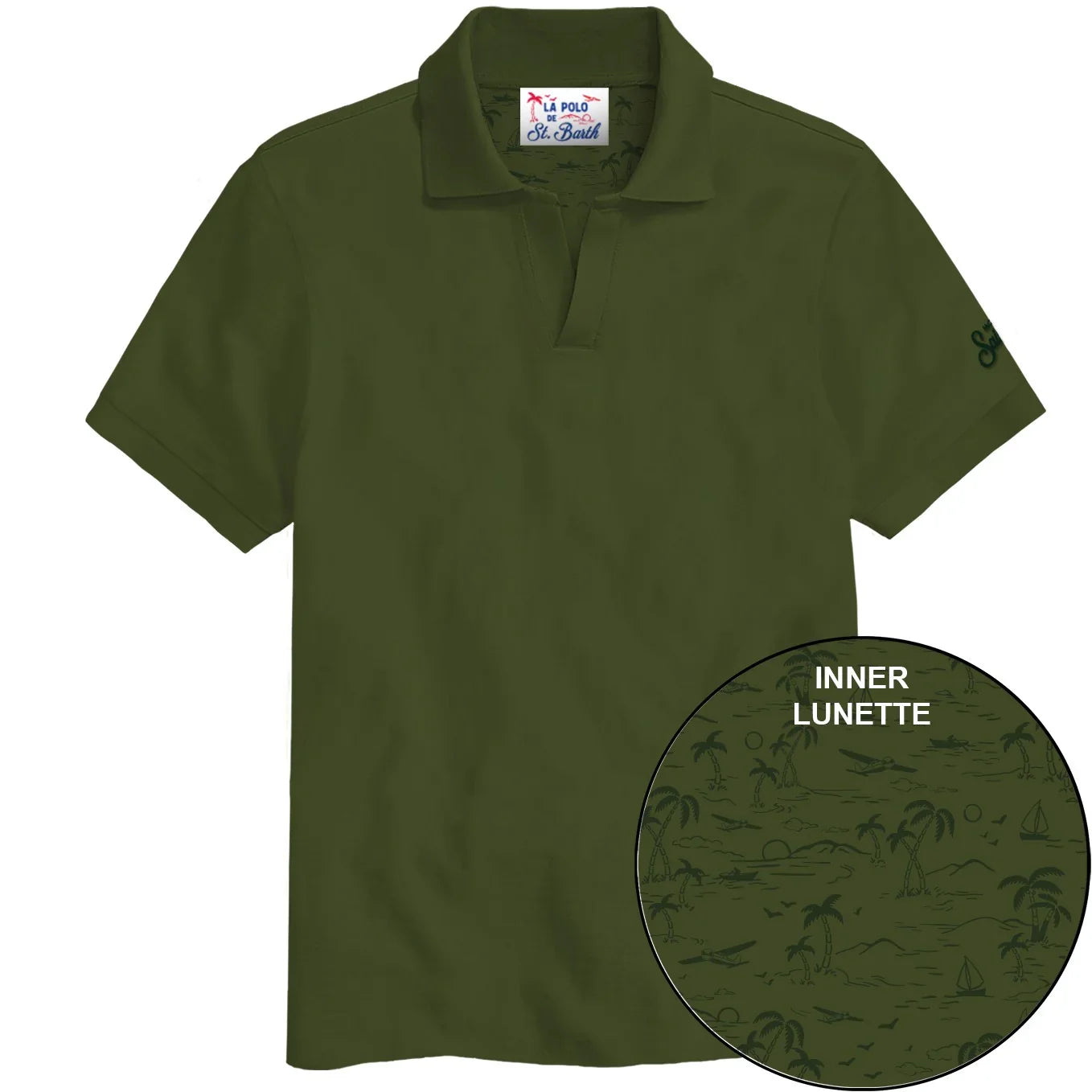 Polo verde militare da uomo, manica corta, dettaglio interno con motivo tropicale.