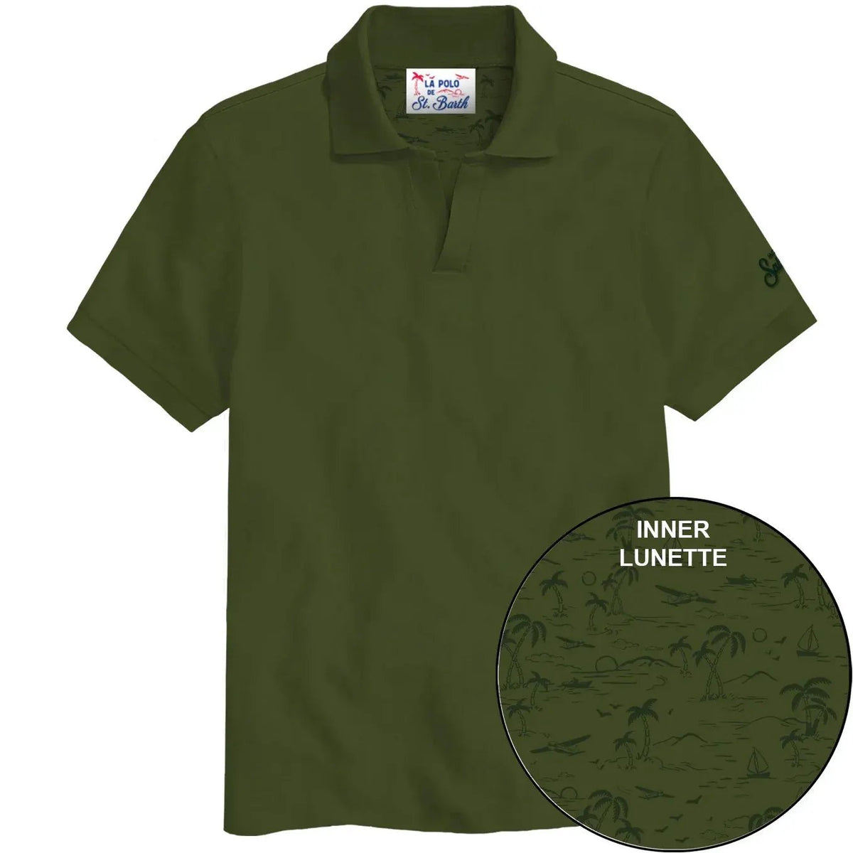 Polo verde militare da uomo, manica corta, dettaglio interno con motivo tropicale.