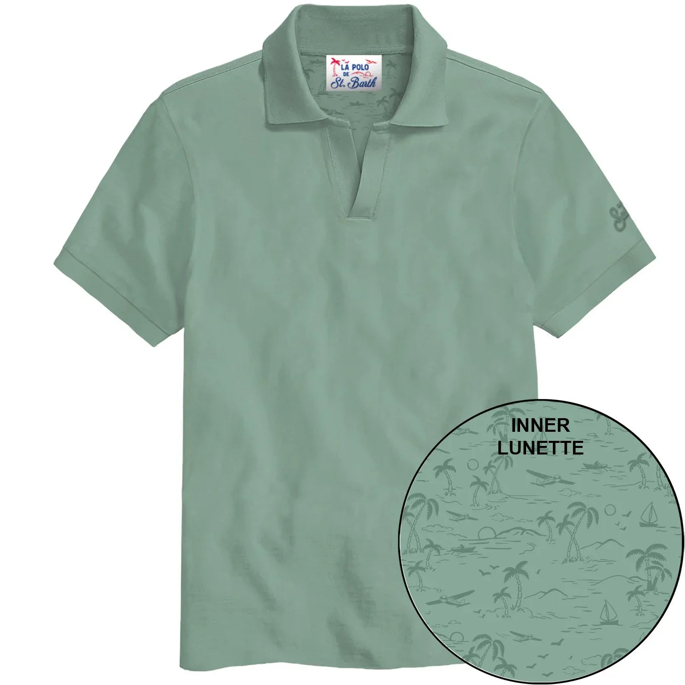 Polo uomo verde salvia mezza manica con motivo tropicale stampato all'interno del colletto