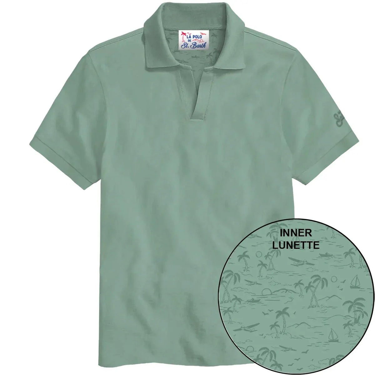 Polo uomo verde salvia mezza manica con motivo tropicale stampato all'interno del colletto