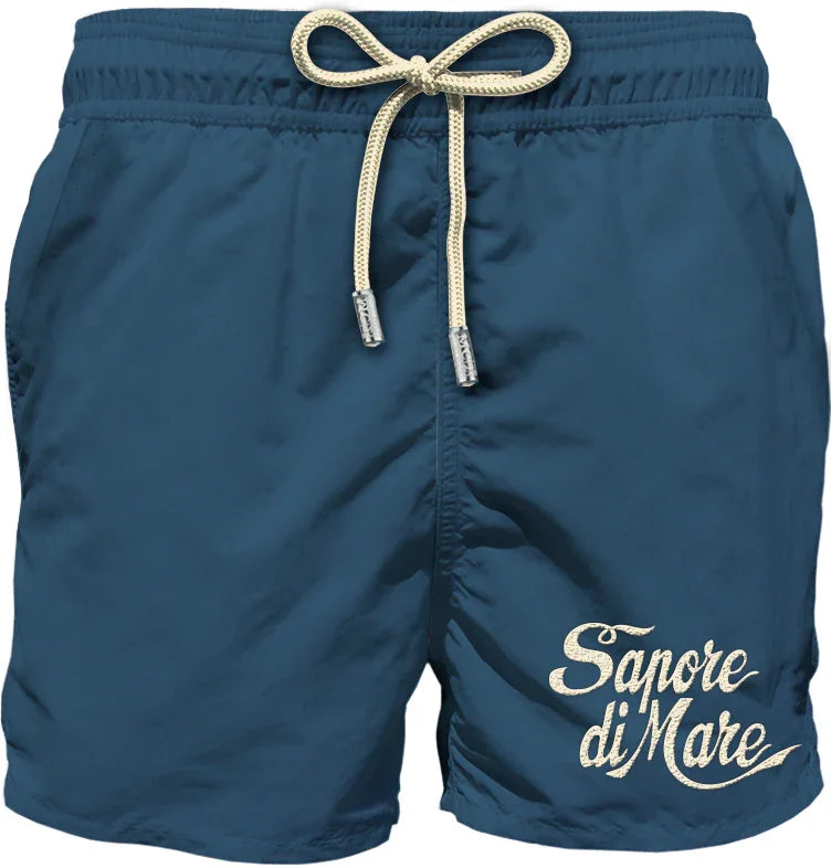 Boxer mare uomo blu con coulisse e scritta Sapore di Mare ricamata, abbigliamento uomo