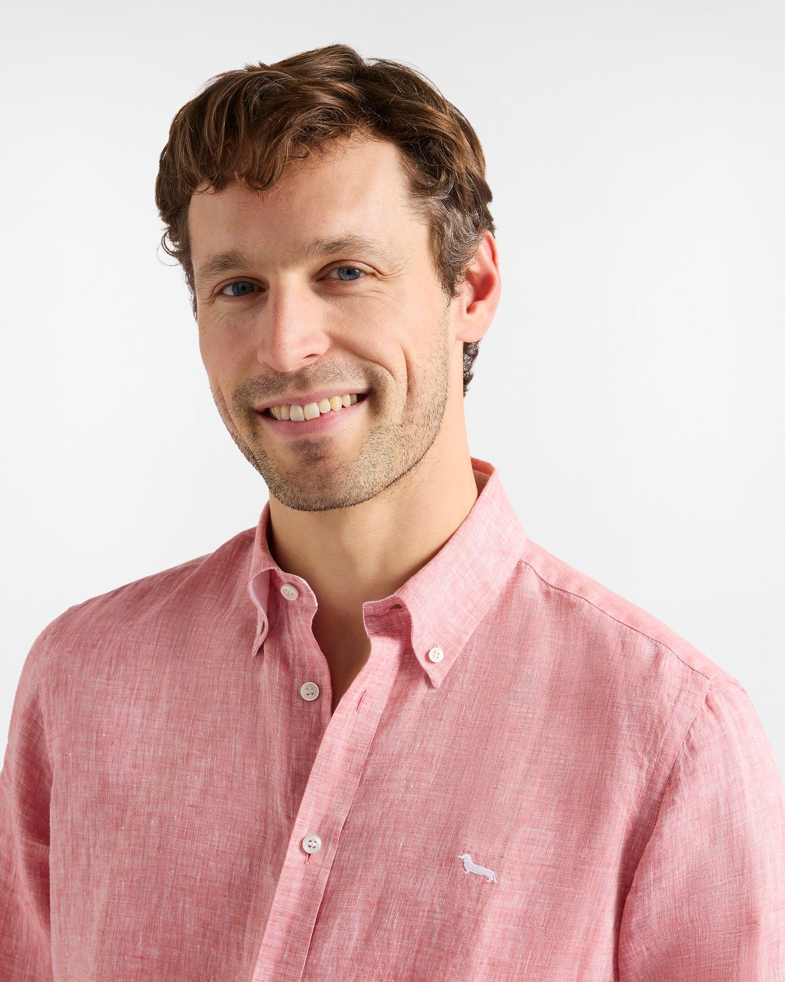 Camicia uomo cotone rosa con logo ricamato, abbigliamento elegante e casual uomo