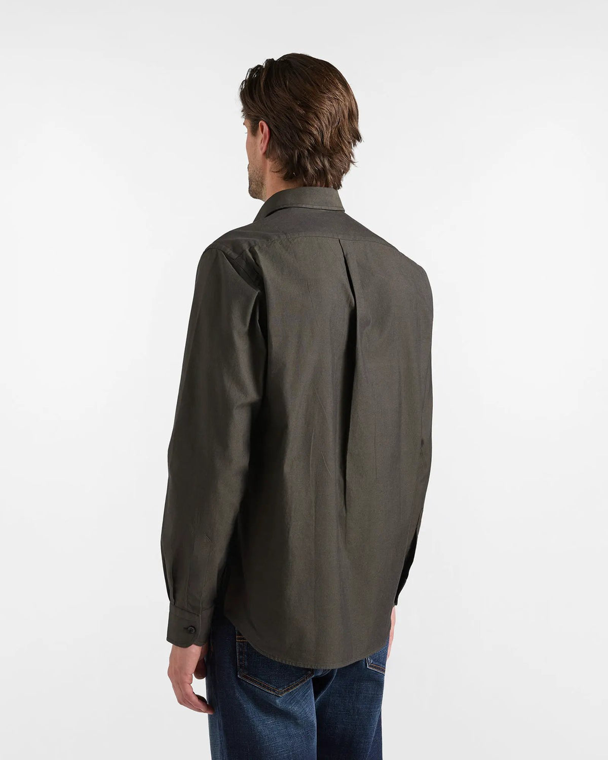 Camicia Oxford da uomo regular fit verde scuro tinto filo, VERDE, dettaglio colletto