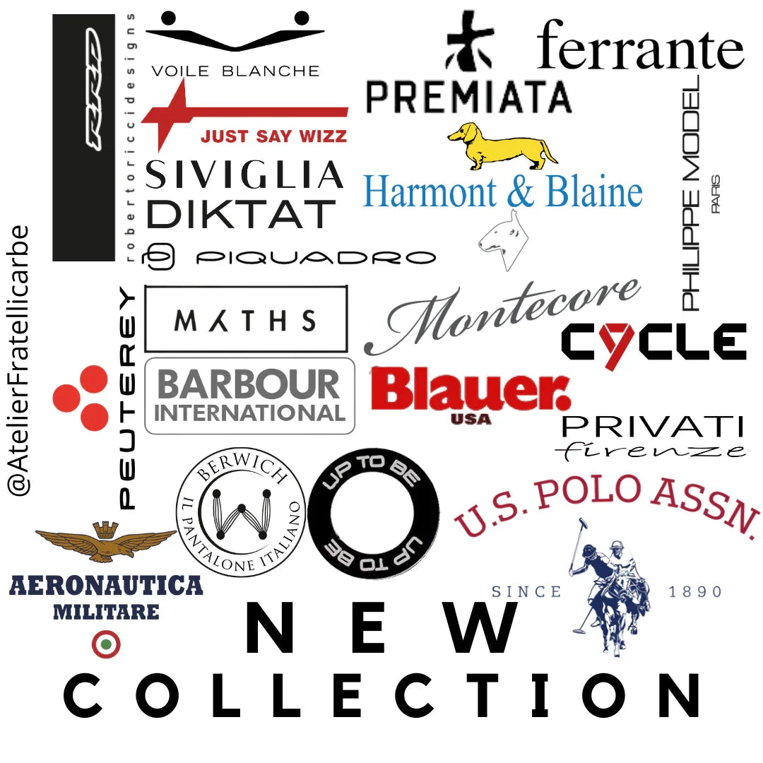 Loghi di brand di abbigliamento uomo e donna su sfondo bianco, nuova collezione.