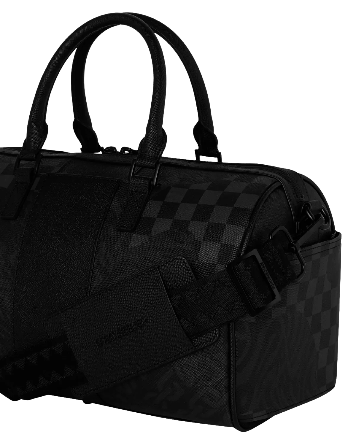 Borsa da viaggio uomo in pelle nera con motivo a scacchi, manici e tracolla regolabile.