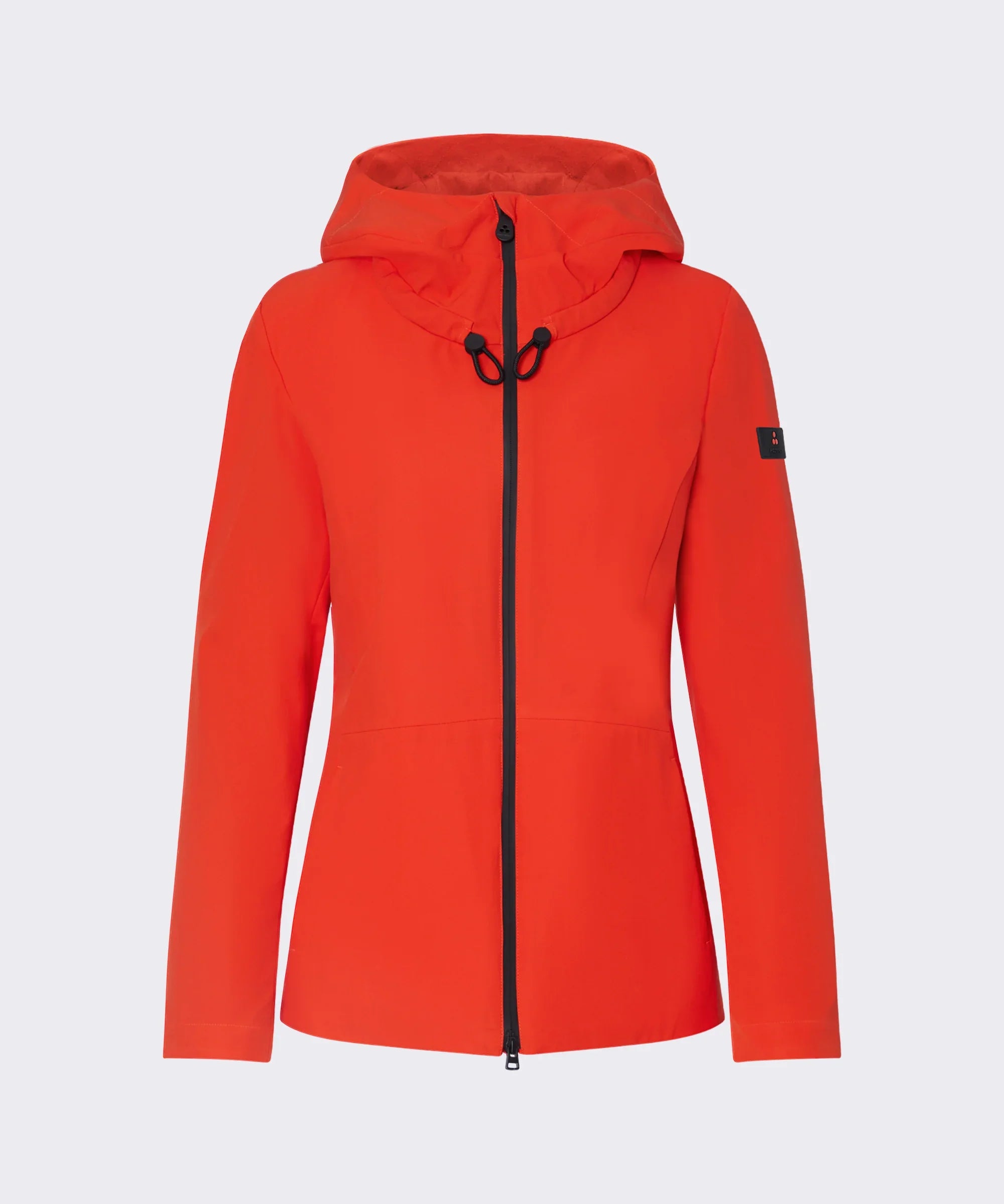 Giacca donna rossa con cappuccio, zip nera centrale e stile moderno, abbigliamento moda