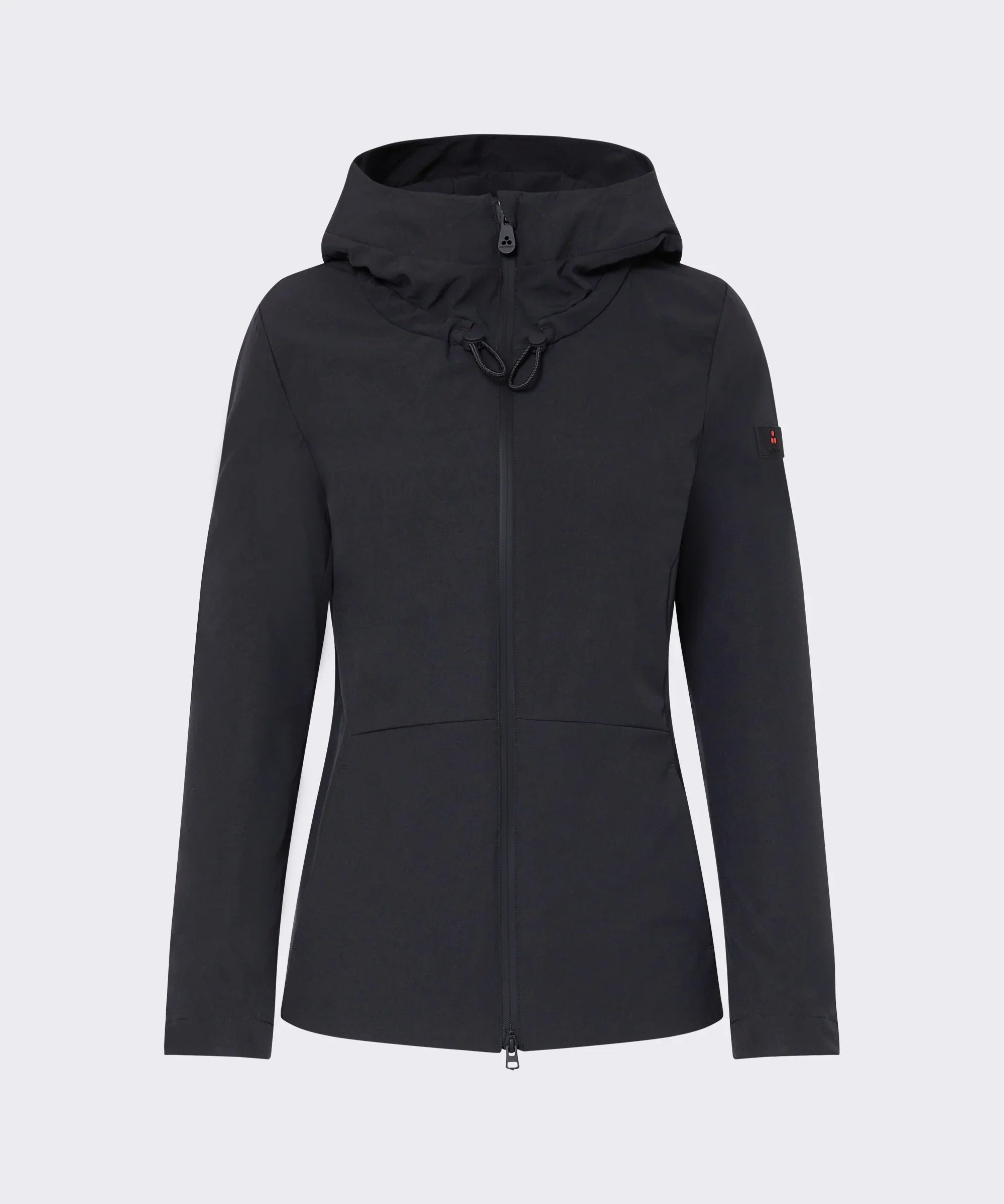 Giacca nera da donna con cappuccio e zip, stile casual, maniche lunghe