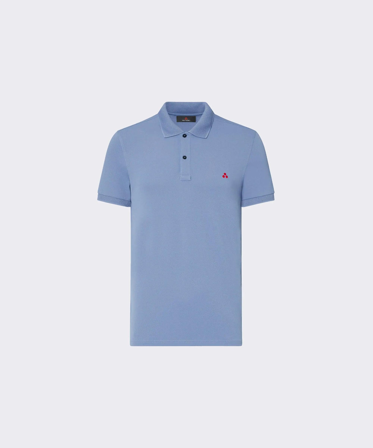 Polo uomo azzurra manica corta con logo rosso sul petto, stile casual elegante