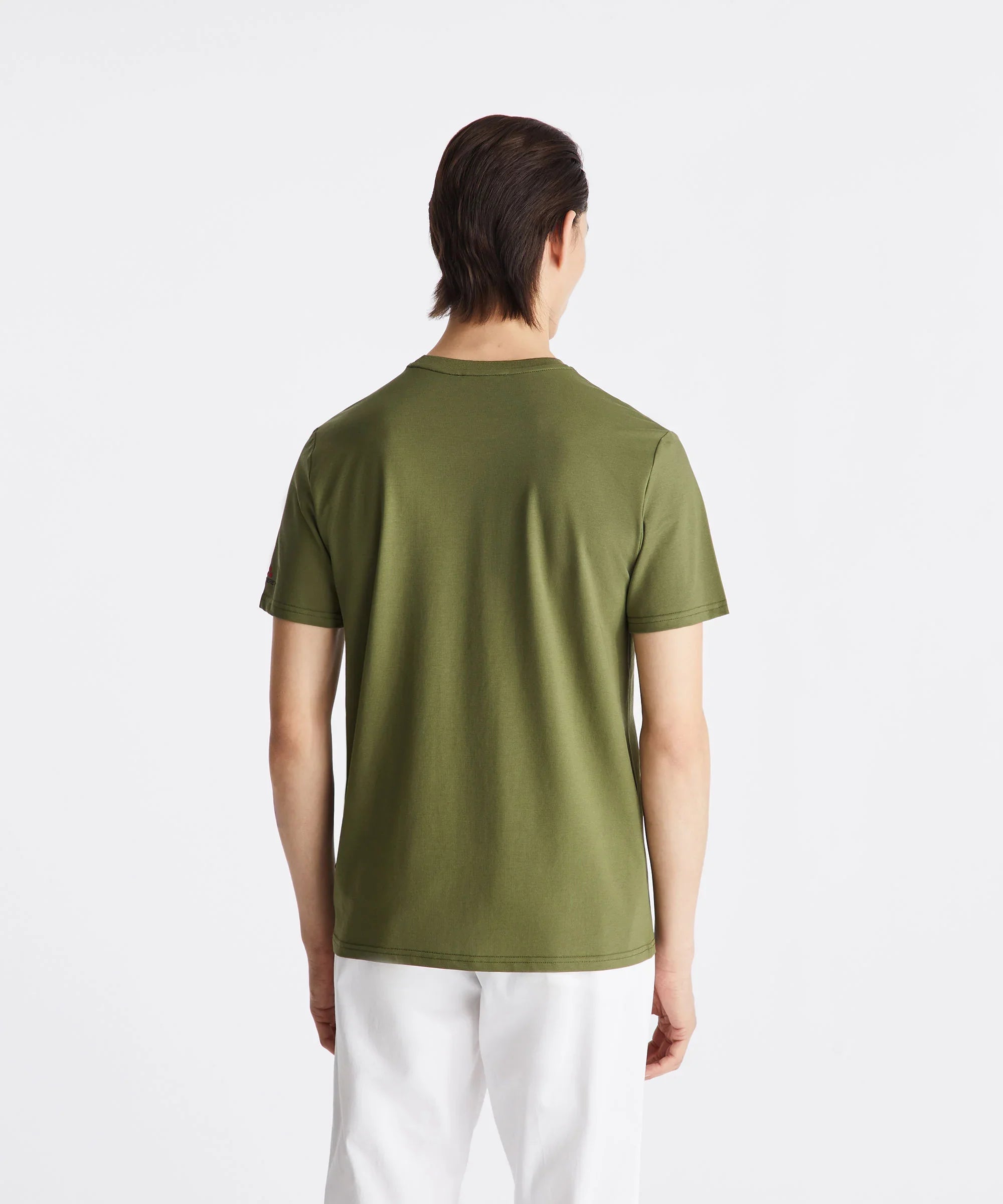 Maglietta verde uomo maniche corte vista retro, abbigliamento casual estivo