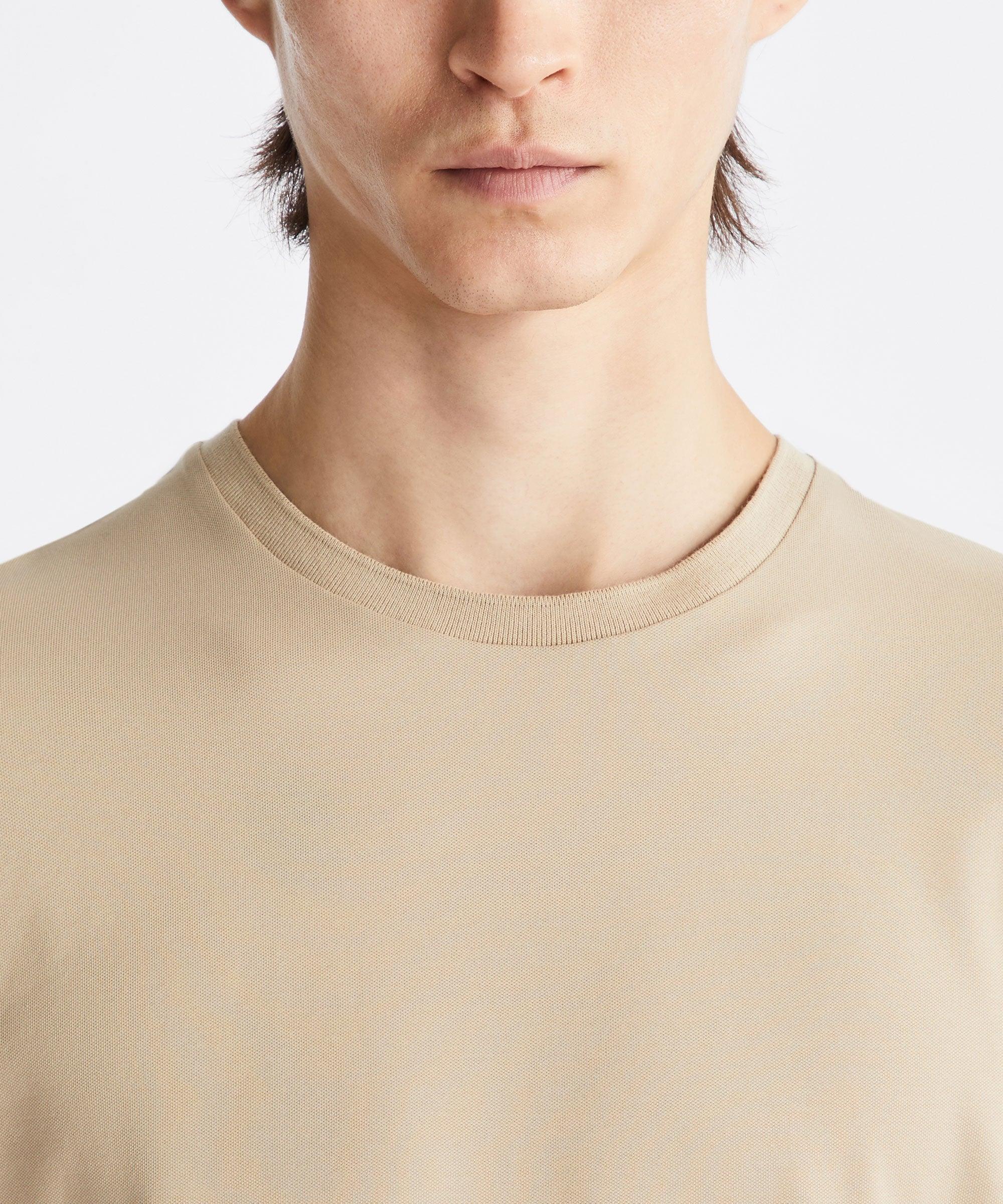 Maglietta beige uomo in cotone, girocollo, stile casual, dettaglio tessuto