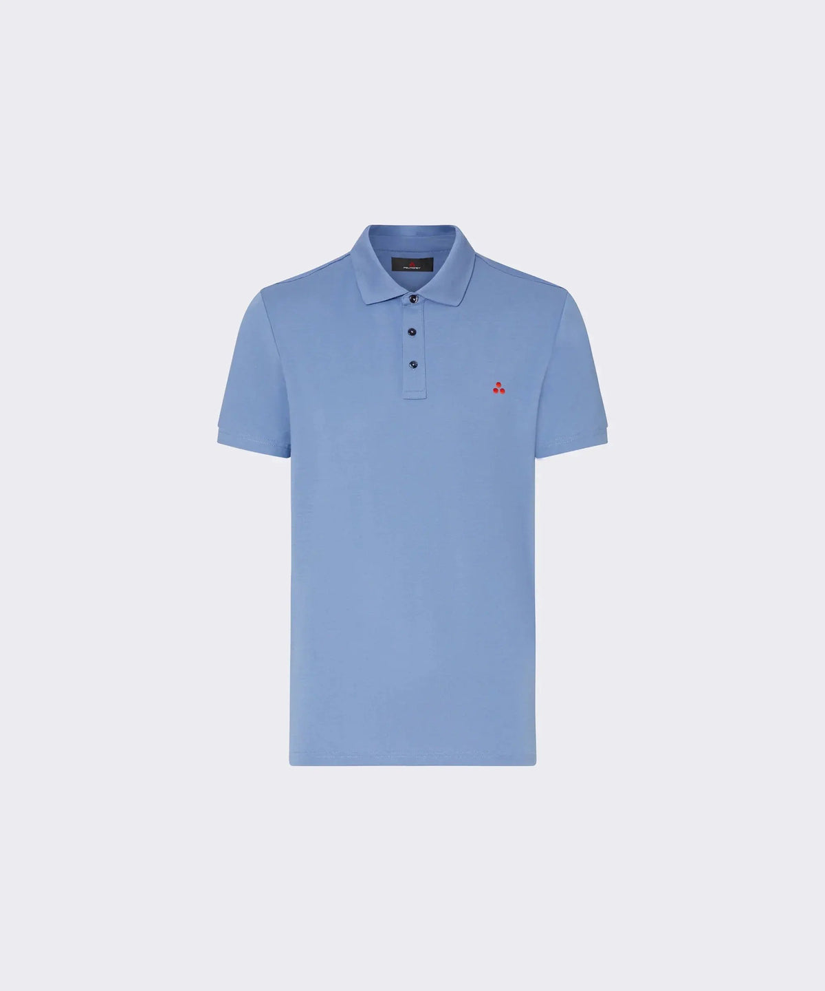 Polo uomo azzurra manica corta con bottoni e logo rosso sul petto, stile casual elegante