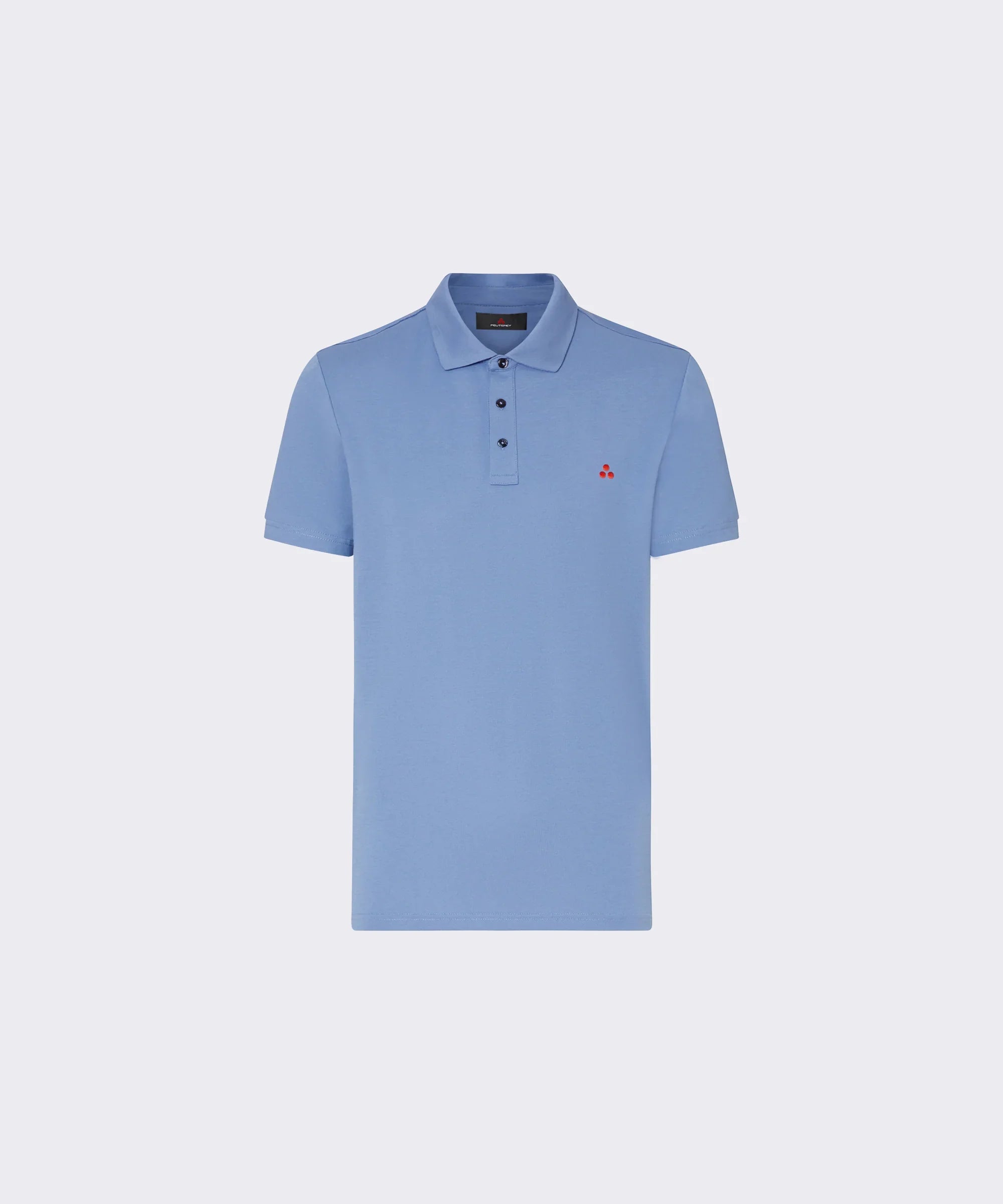Polo uomo azzurra manica corta con bottoni e logo rosso sul petto, stile casual elegante