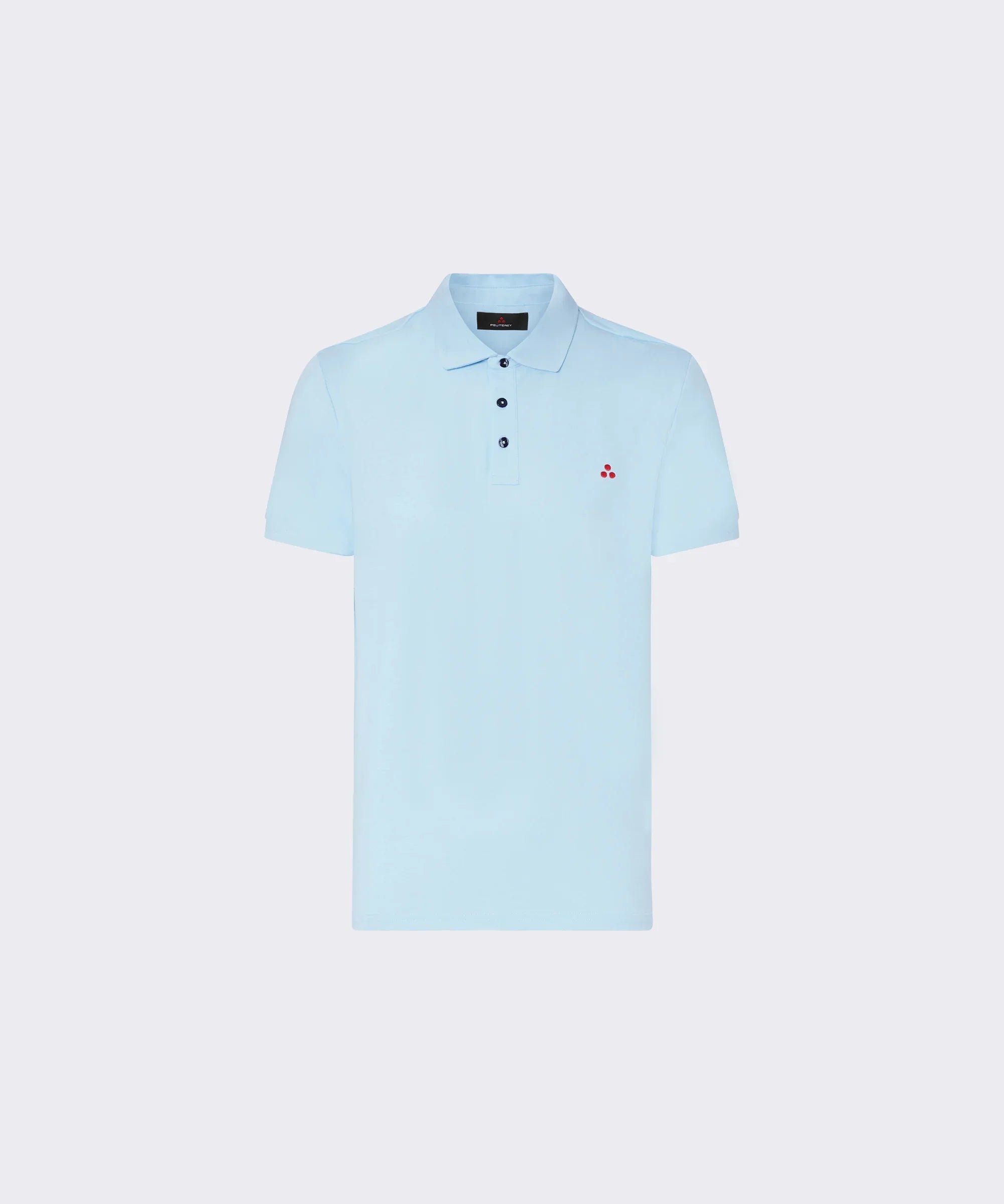 Polo uomo azzurra a manica corta con bottoni e piccolo logo rosso sul petto