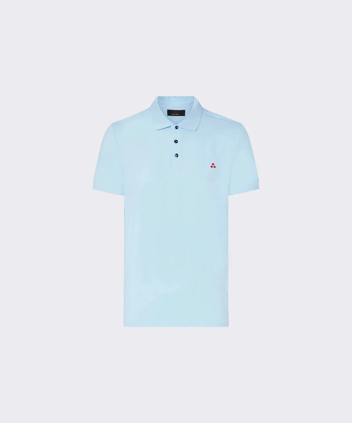 Polo uomo azzurra a manica corta con bottoni e piccolo logo rosso sul petto