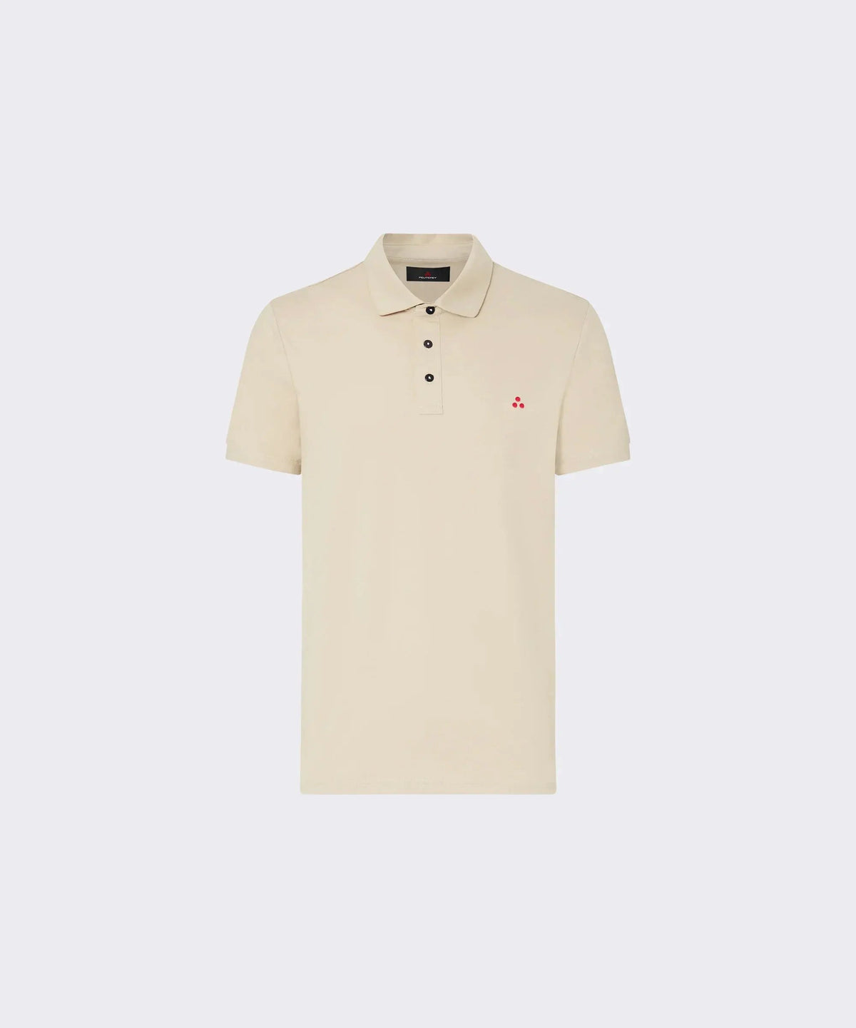 Polo uomo beige a maniche corte con bottoni neri e logo rosso sul petto, stile casual elegante