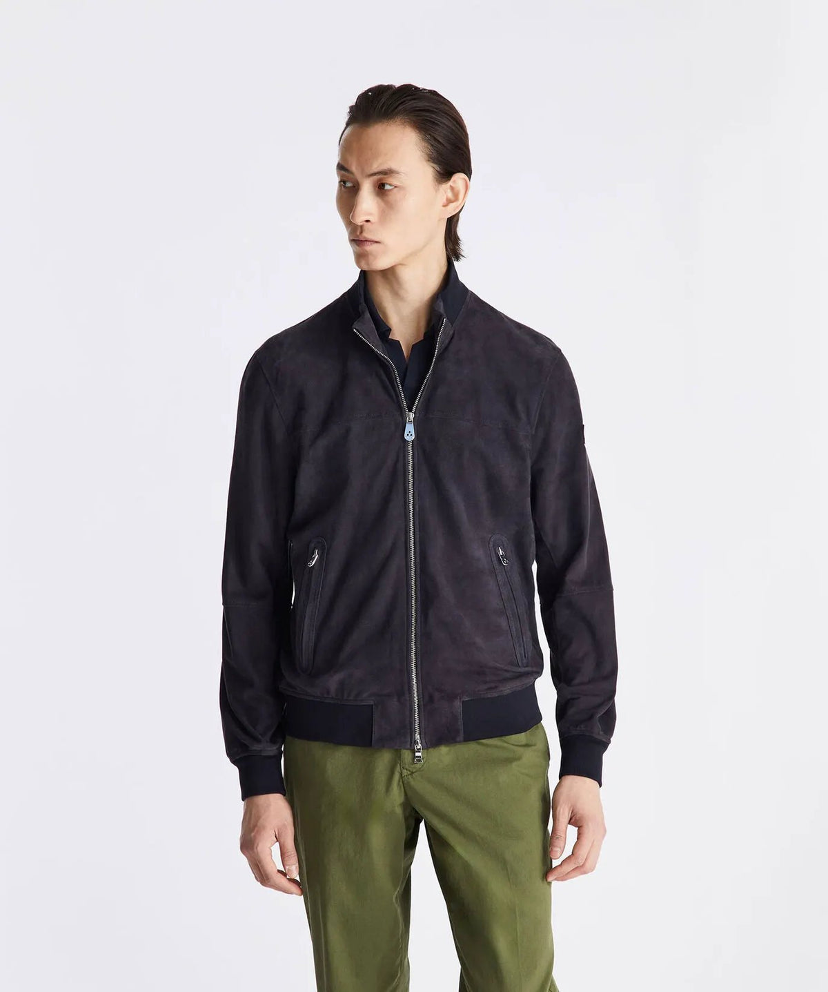 Giacca bomber Peuterey Sands Suede blu grafite - dettaglio indossato tre quarti
