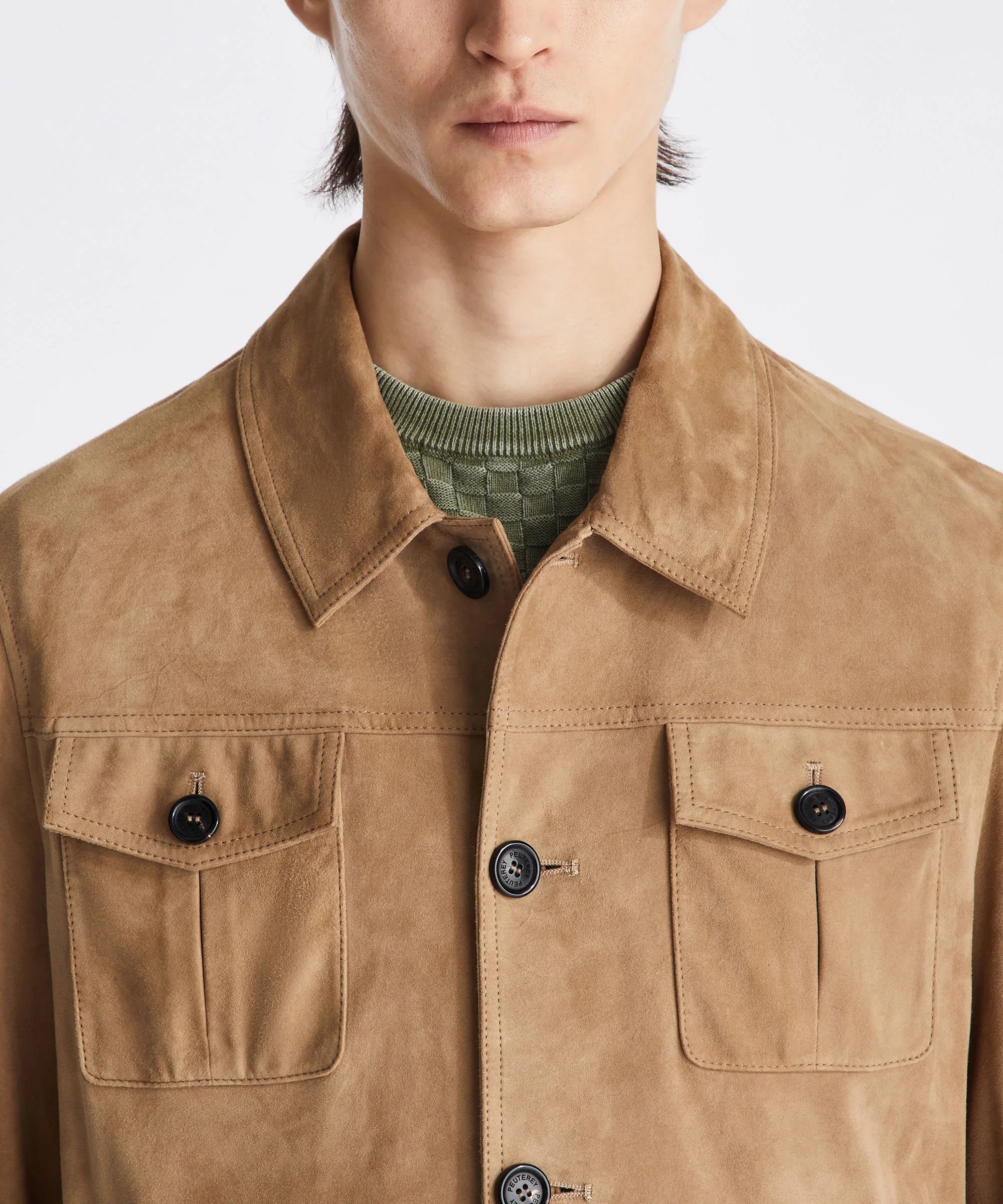 Giacca uomo cammello in suede con tasche frontali a bottoni, stile casual elegante