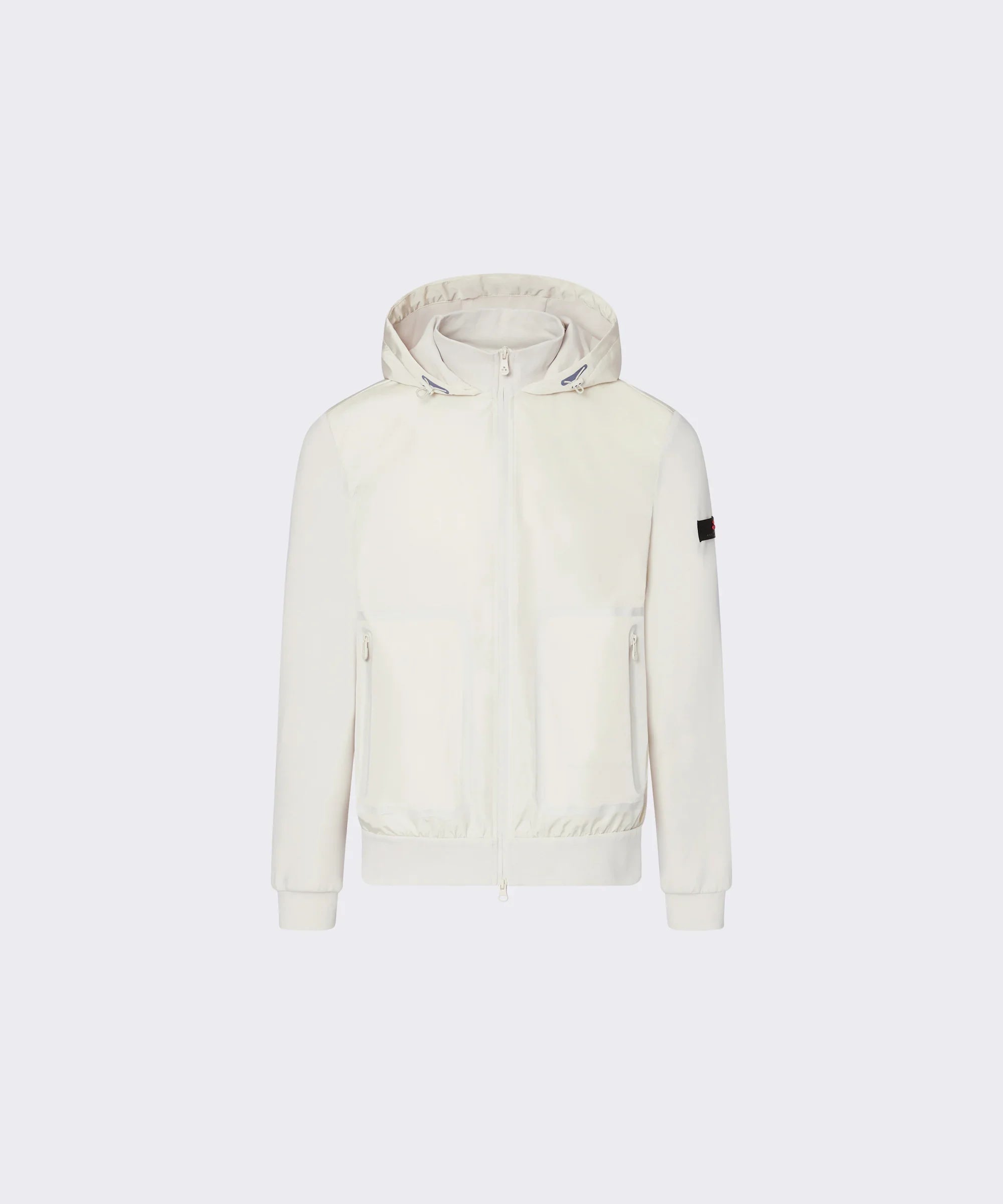 Giubbino uomo bianco con cappuccio, zip frontale e tasche, stile casual elegante