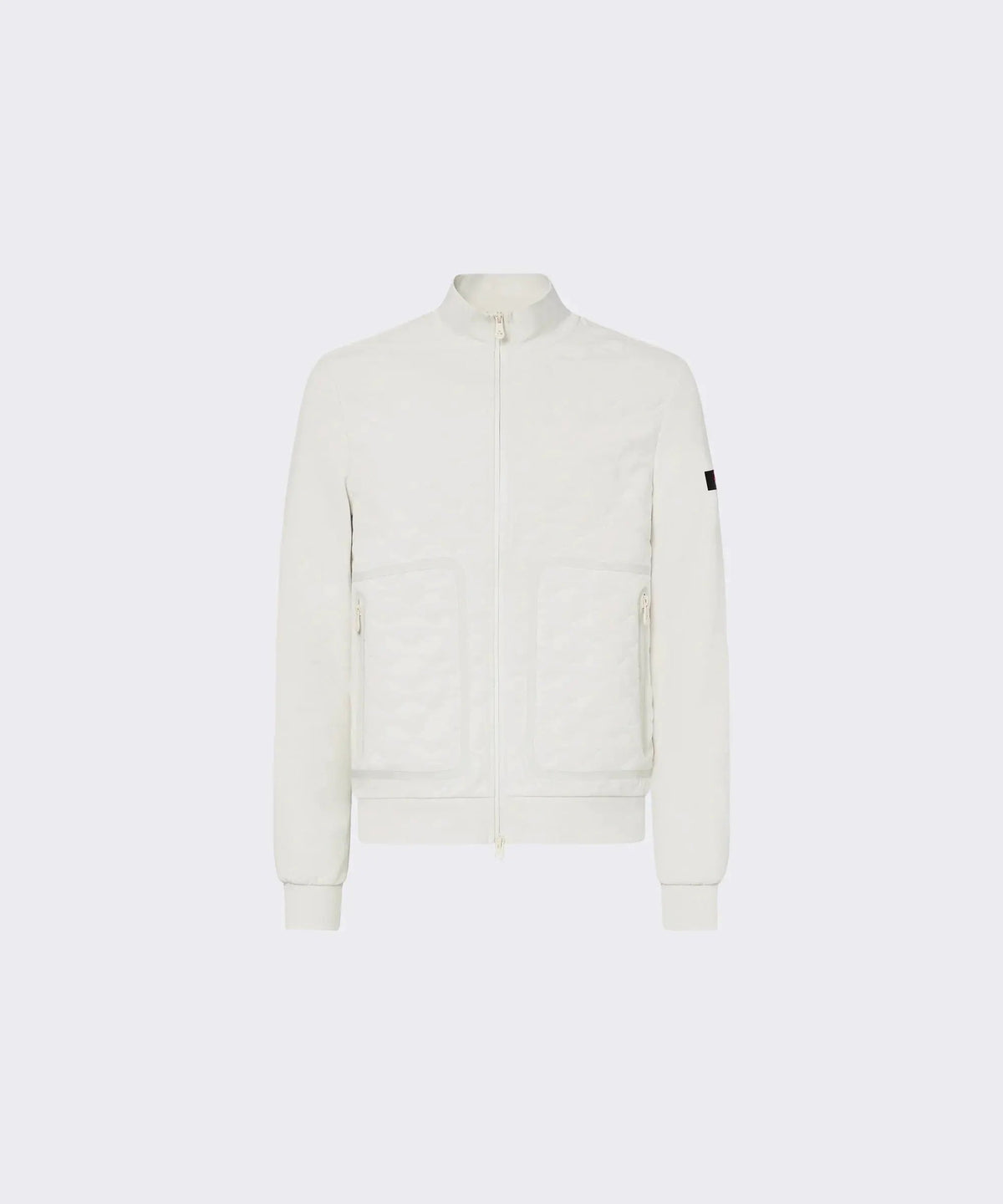 Giubbotto uomo bianco con zip, tasche frontali e collo alto, stile moderno elegante