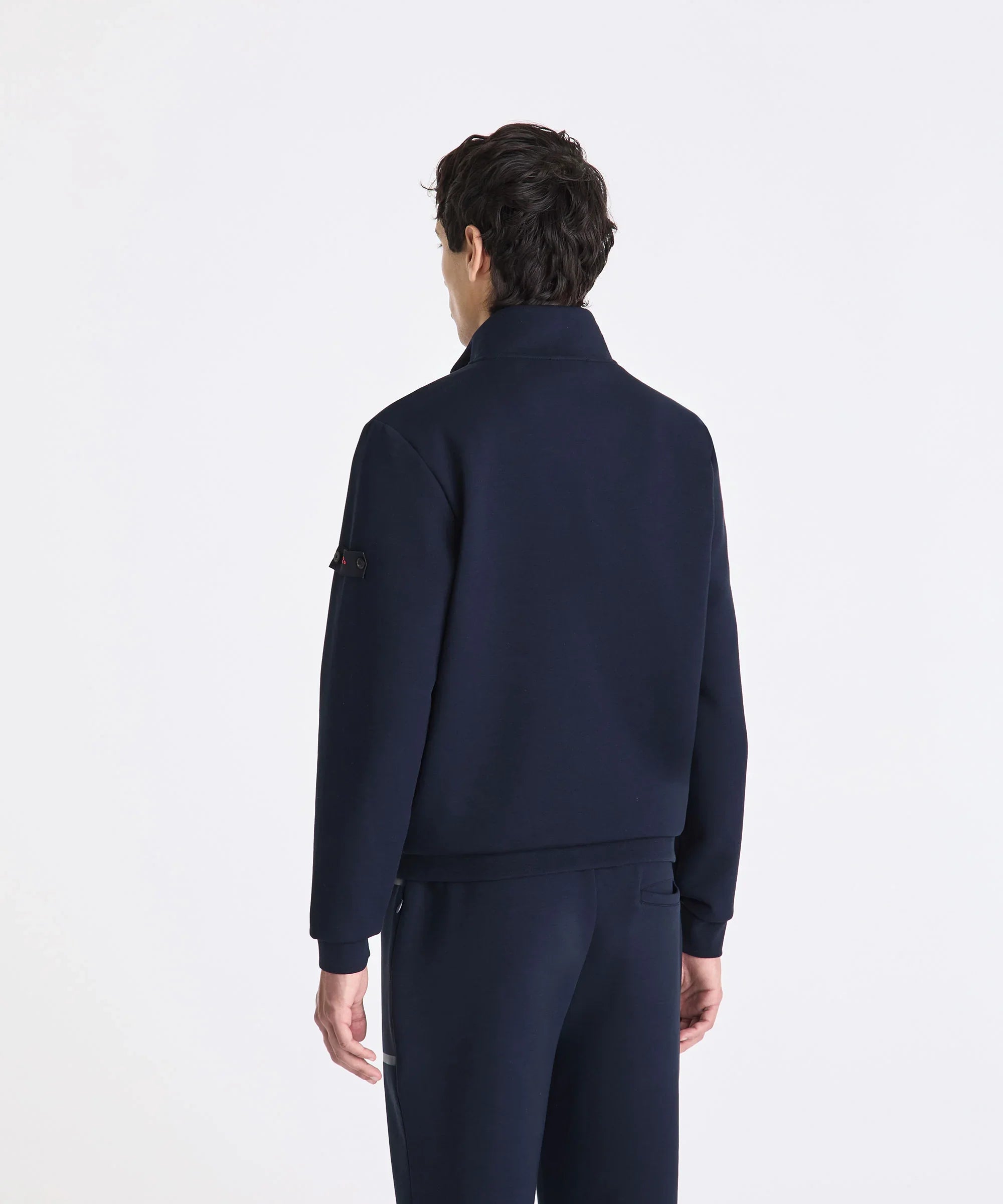 Giacca felpa uomo blu scuro, vista posteriore, stile casual elegante, maniche lunghe.