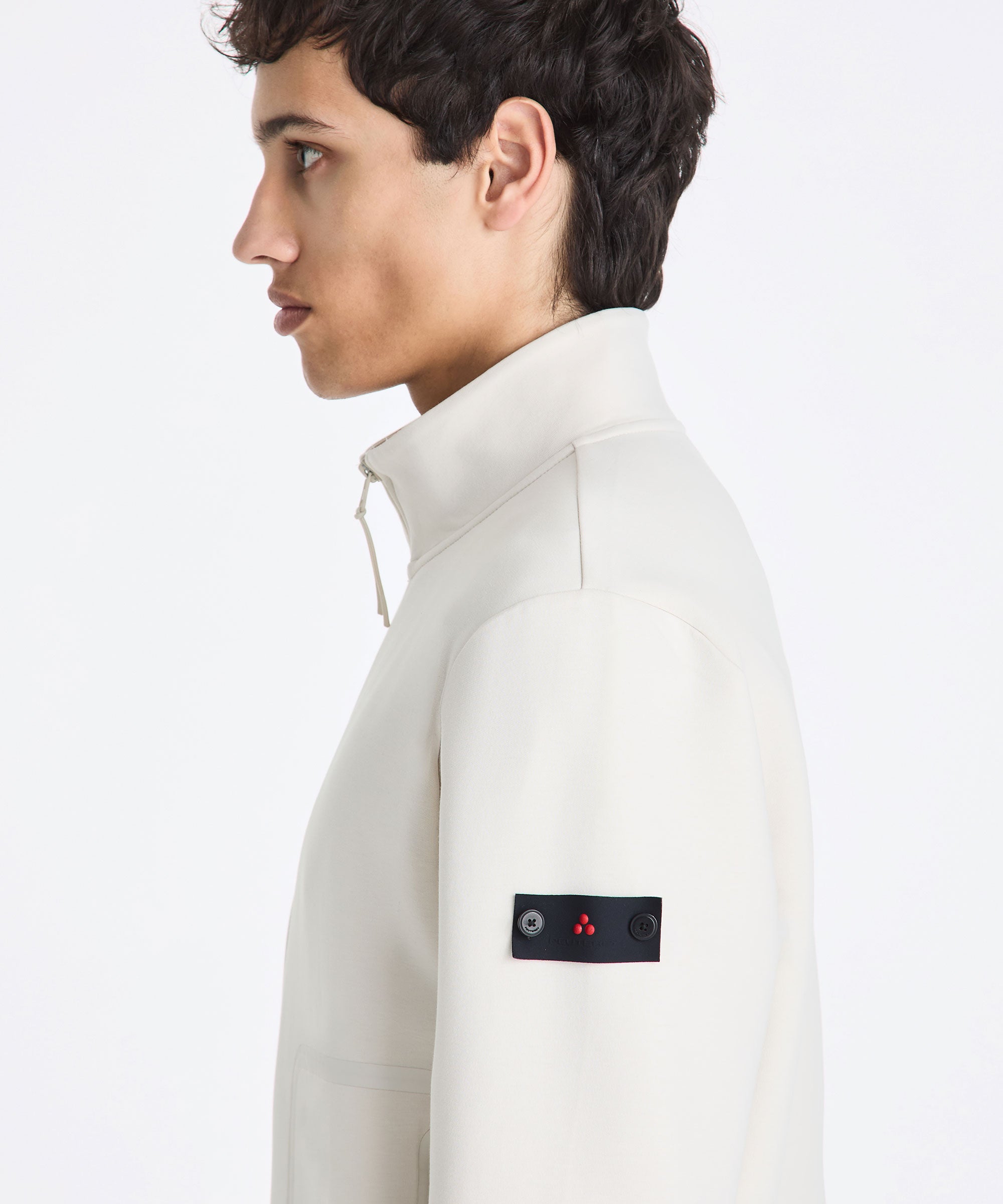 Maglione sportivo PEUTEREY PEU5802 729 Scott in morbido tessuto con cappuccio e dettagli sportivi, colore grigio chiaro.