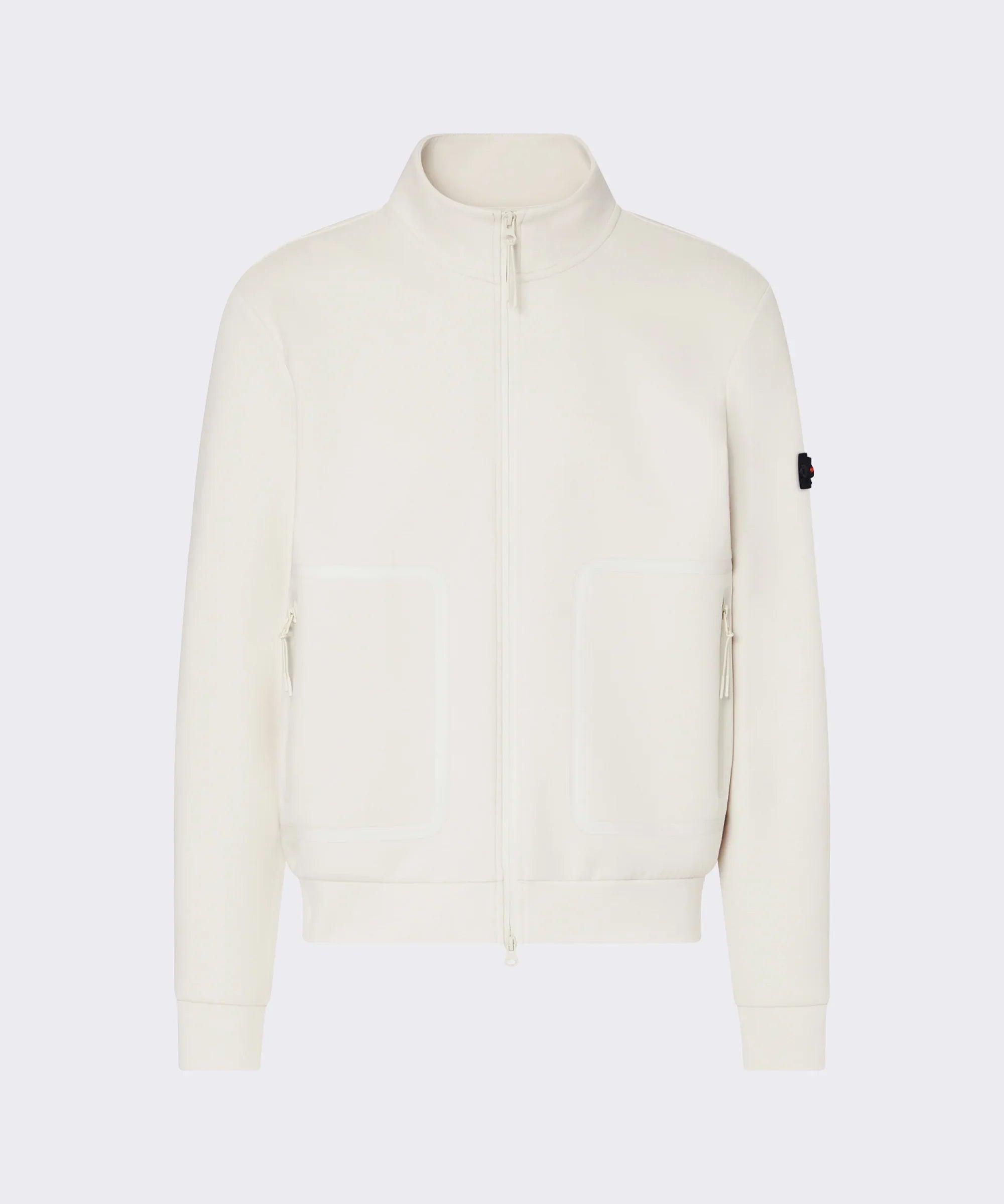 Felpa uomo bianca con zip frontale, collo alto e tasche laterali, design minimalista