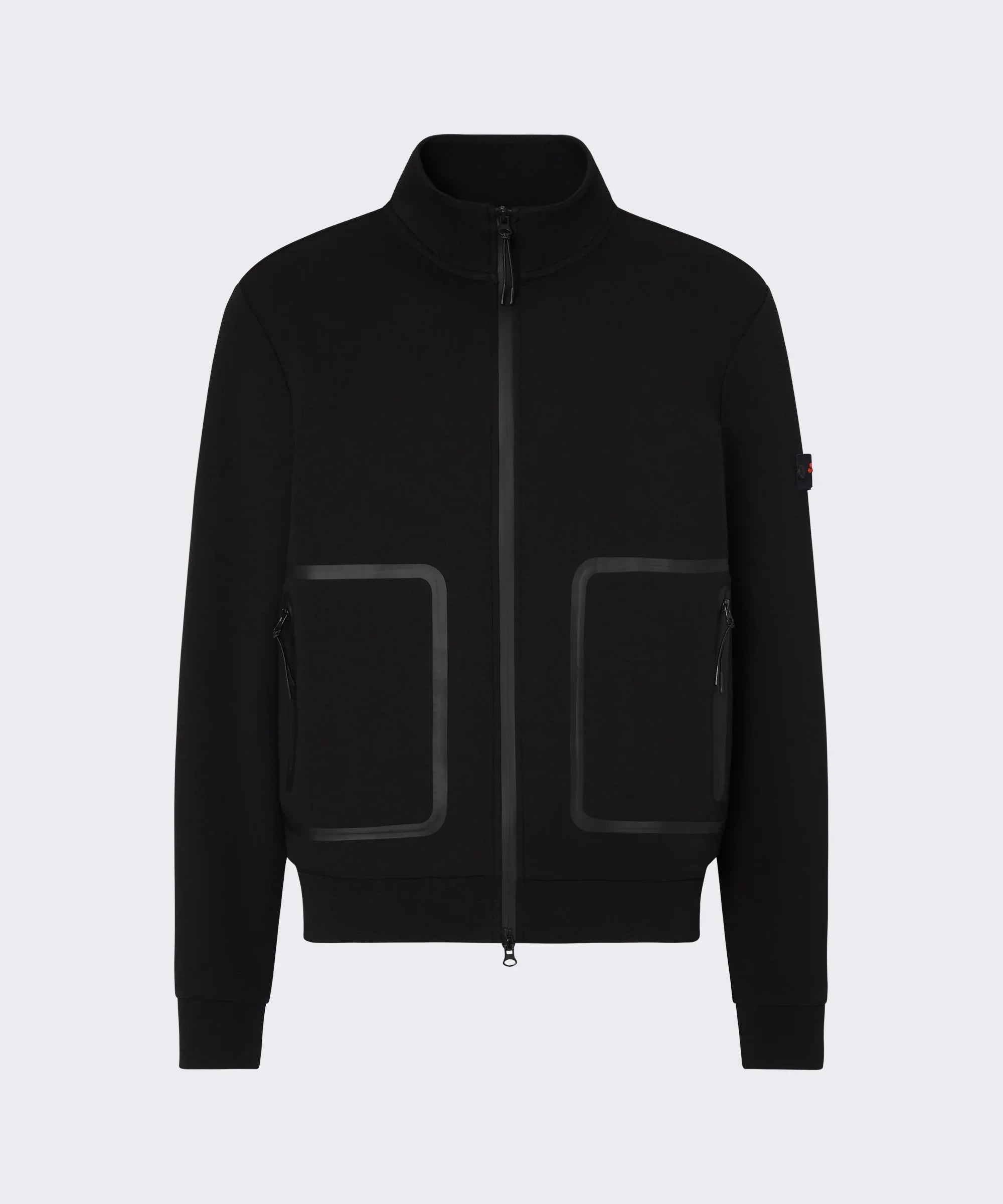 Giubbino nero uomo con zip frontale, doppie tasche zip, stile moderno minimalista.