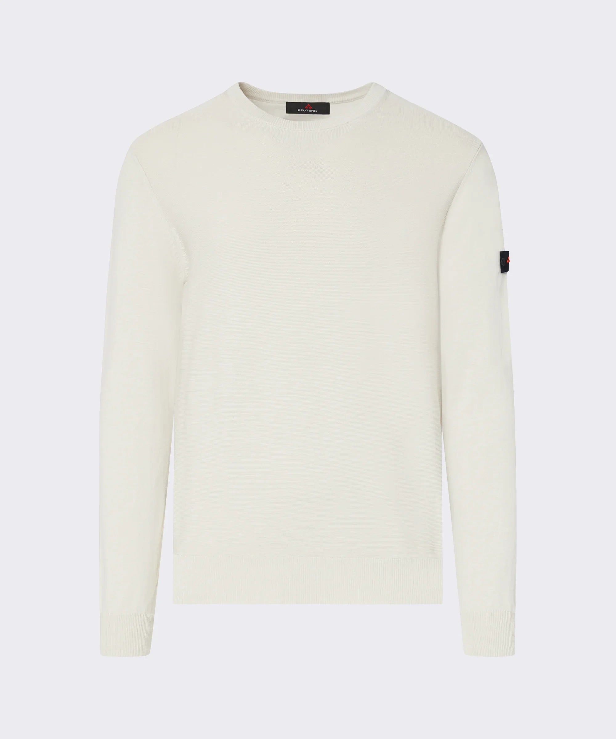 Maglione uomo bianco in cotone girocollo manica lunga, dettaglio logo manica sinistra