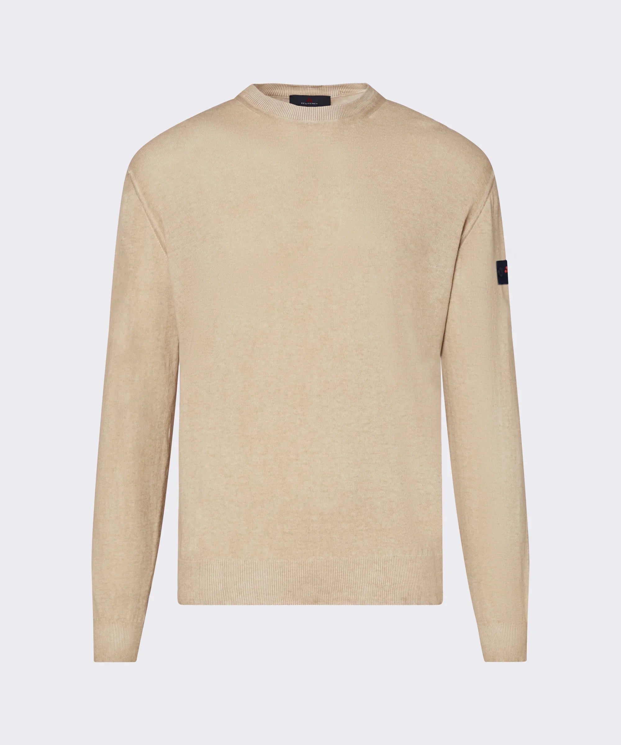 Maglione uomo beige a maniche lunghe, collo girocollo, dettaglio patch su manica sinistra