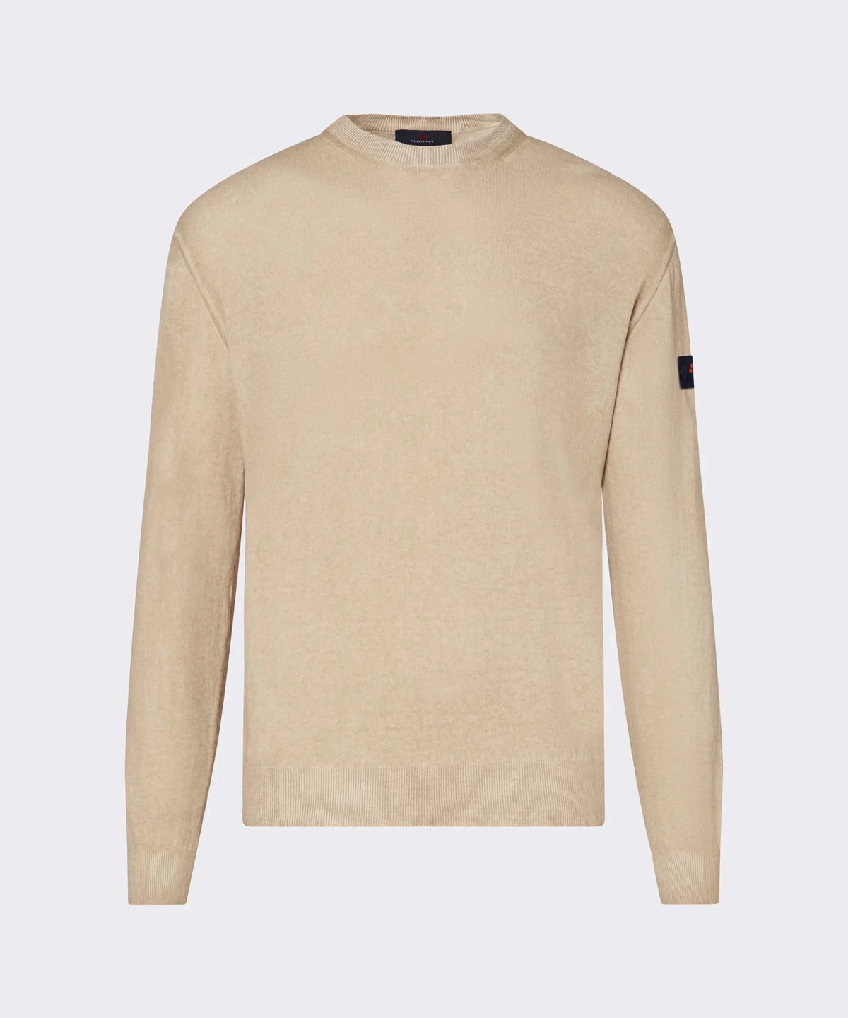 Maglione uomo beige a maniche lunghe, collo girocollo, dettaglio patch su manica sinistra