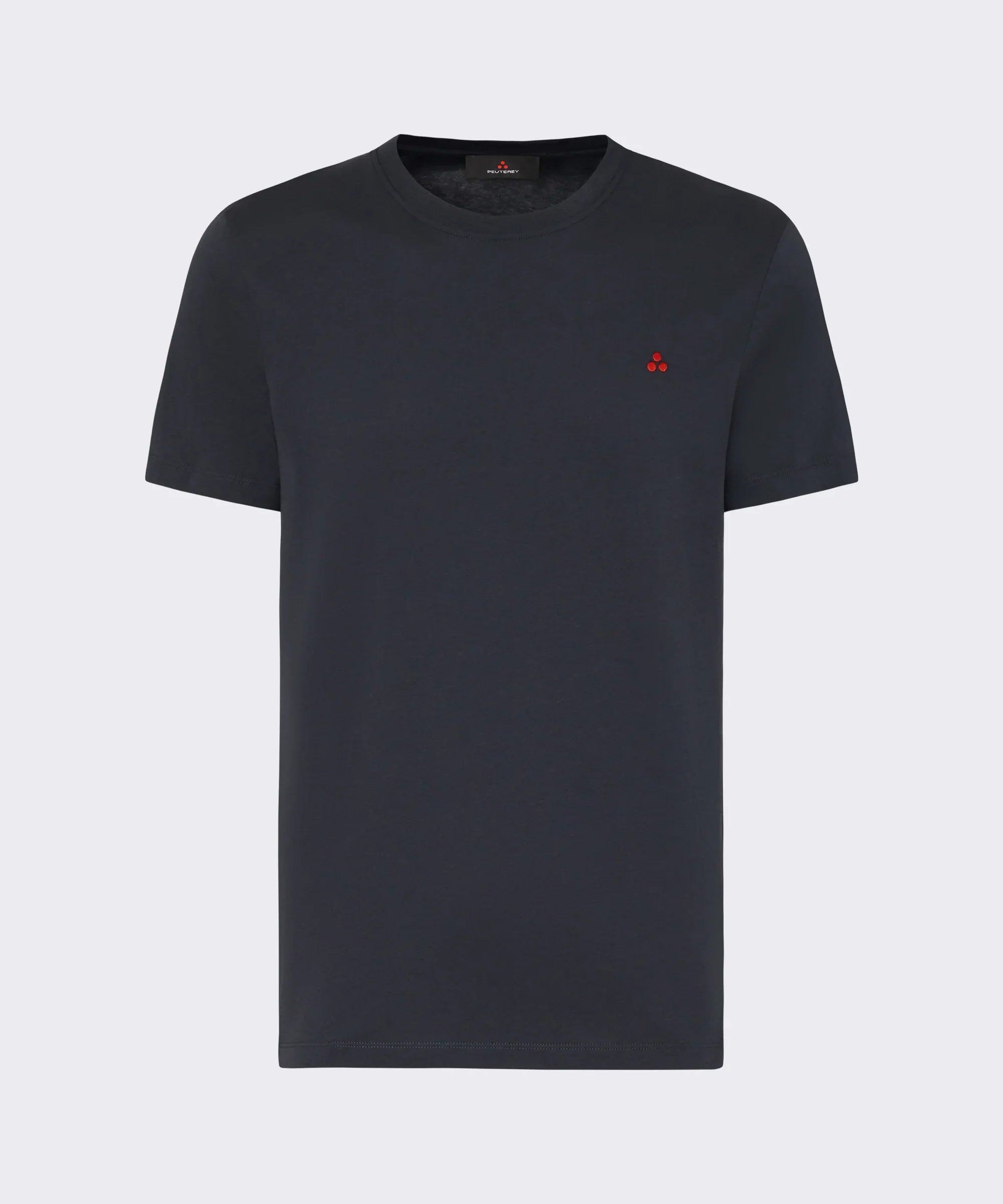 T-shirt uomo nera in cotone con logo rosso minimal sul petto, stile casual elegante