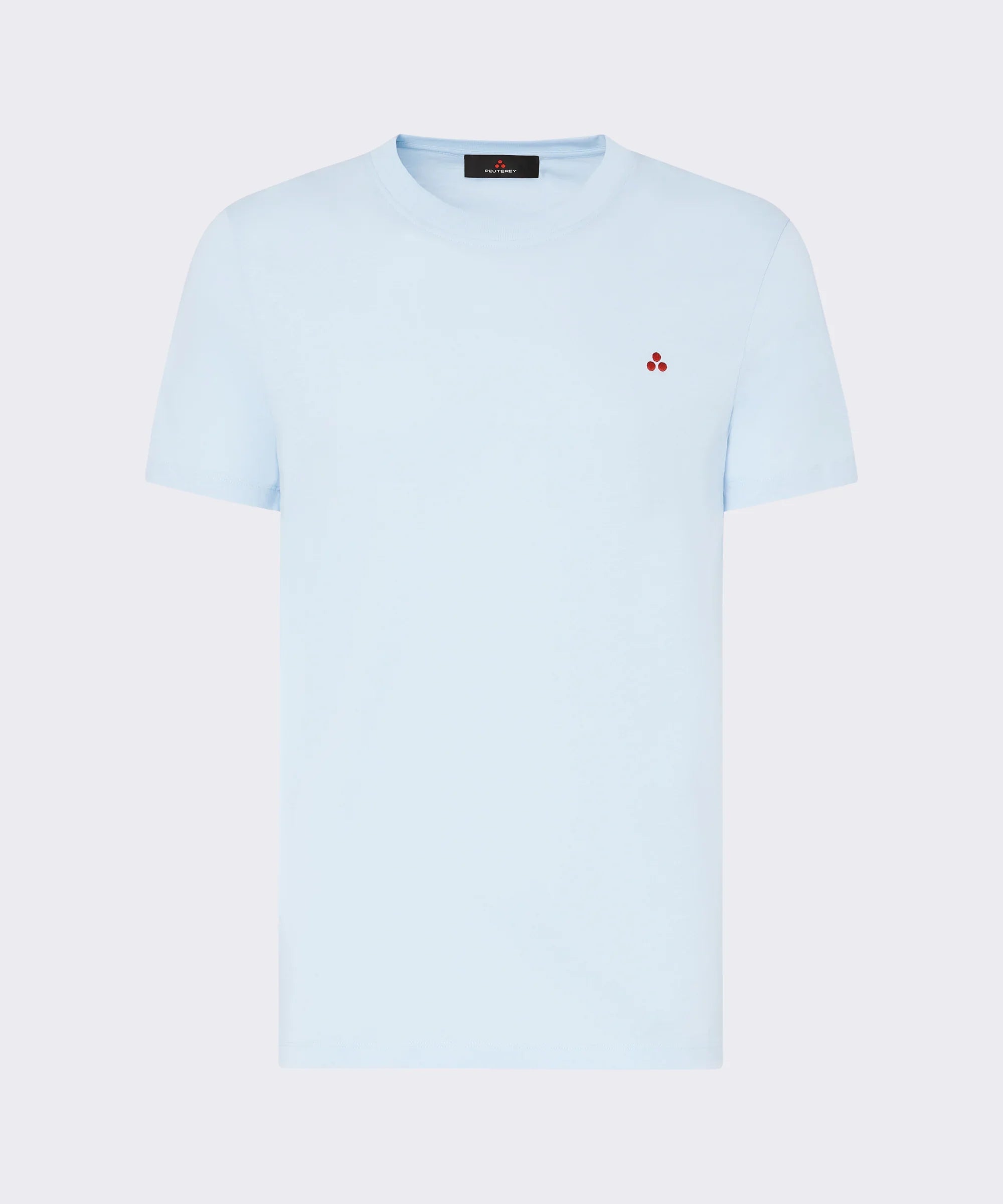 T-shirt uomo azzurra a maniche corte con logo piccolo rosso sul petto, stile casual