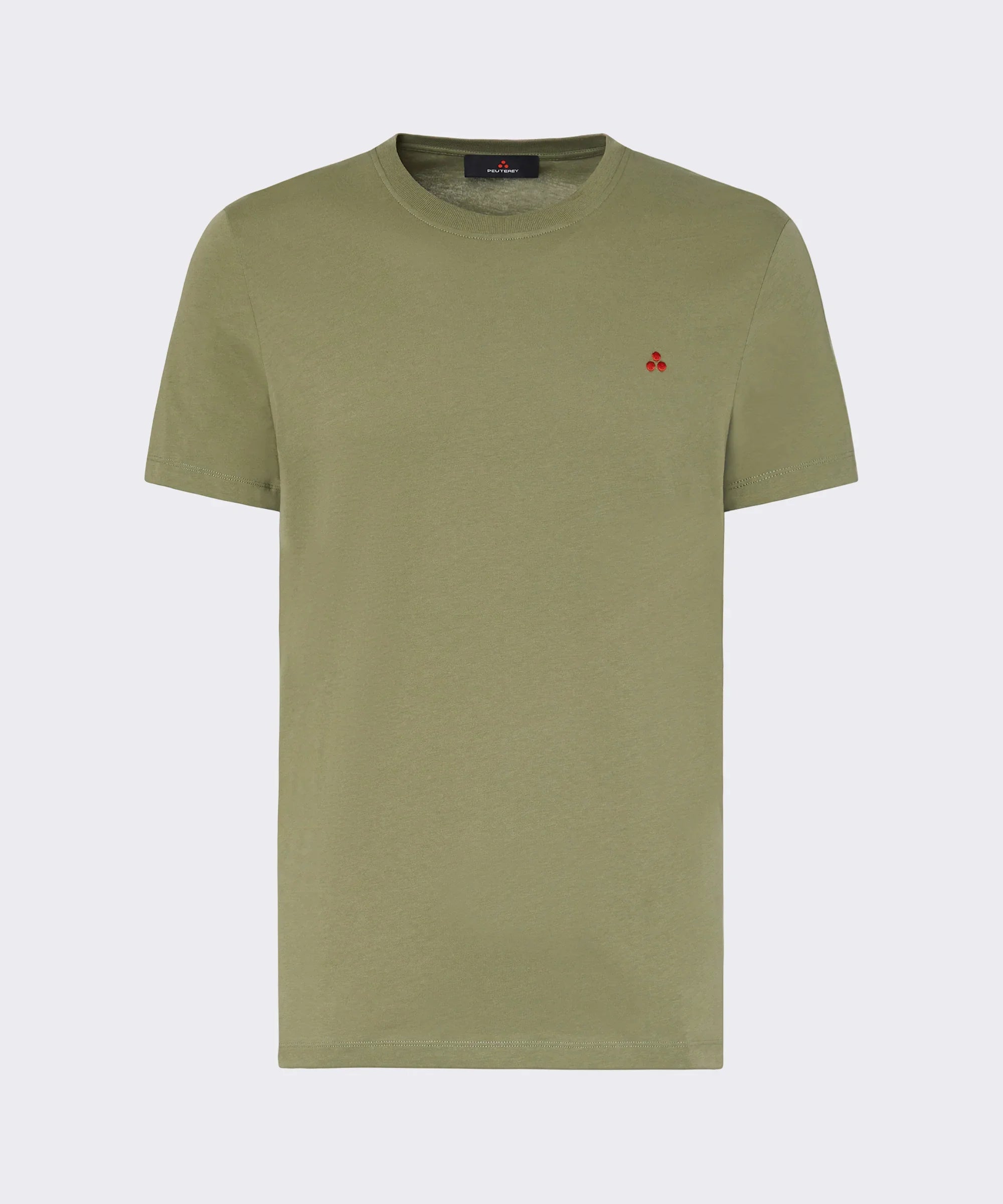 T-shirt verde militare da uomo, manica corta, dettaglio logo rosso sul petto, stile casual