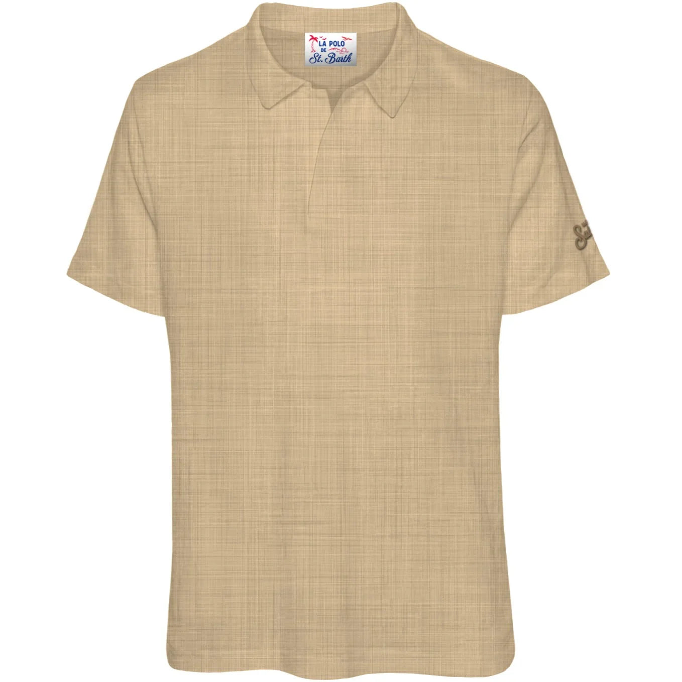 Polo uomo beige in lino, manica corta, stile casual, abbigliamento estivo elegante.