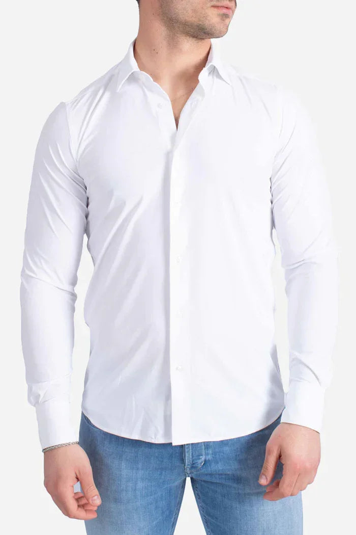 Camicia uomo bianca elegante maniche lunghe, abbigliamento maschile, stile casual