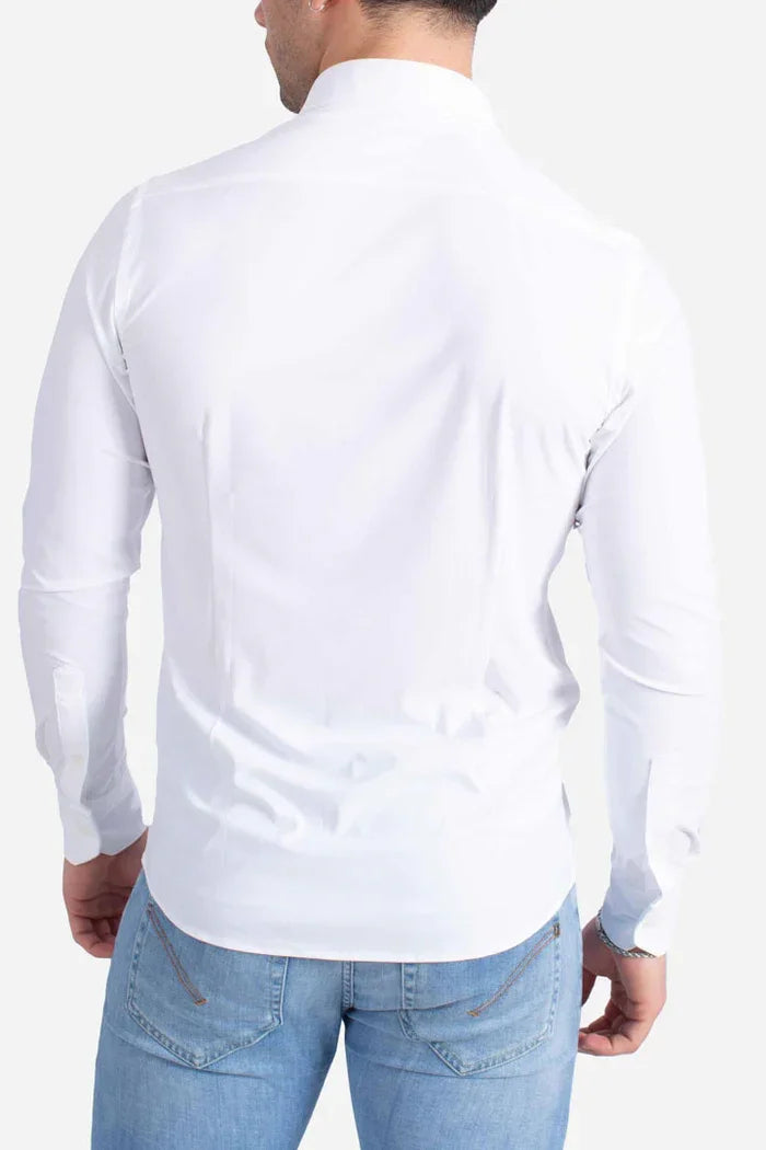 Camicia uomo bianca manica lunga vista posteriore, abbigliamento elegante casual