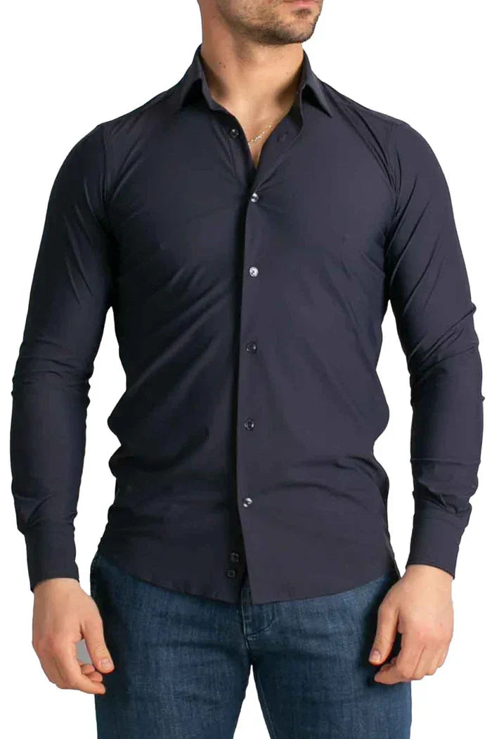 Camicia uomo slim fit blu navy a maniche lunghe, stile elegante, abbigliamento uomo
