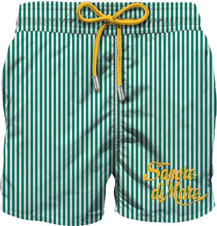 Boxer mare uomo a righe verdi e bianche con laccetto giallo e scritta Sapore di Mare.