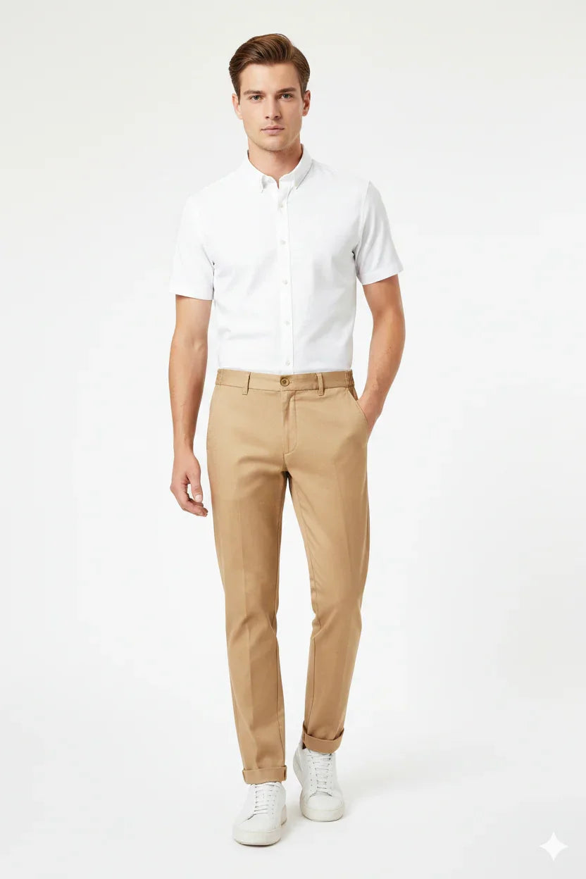 Uomo con camicia bianca maniche corte e pantaloni beige eleganti, moda uomo casual