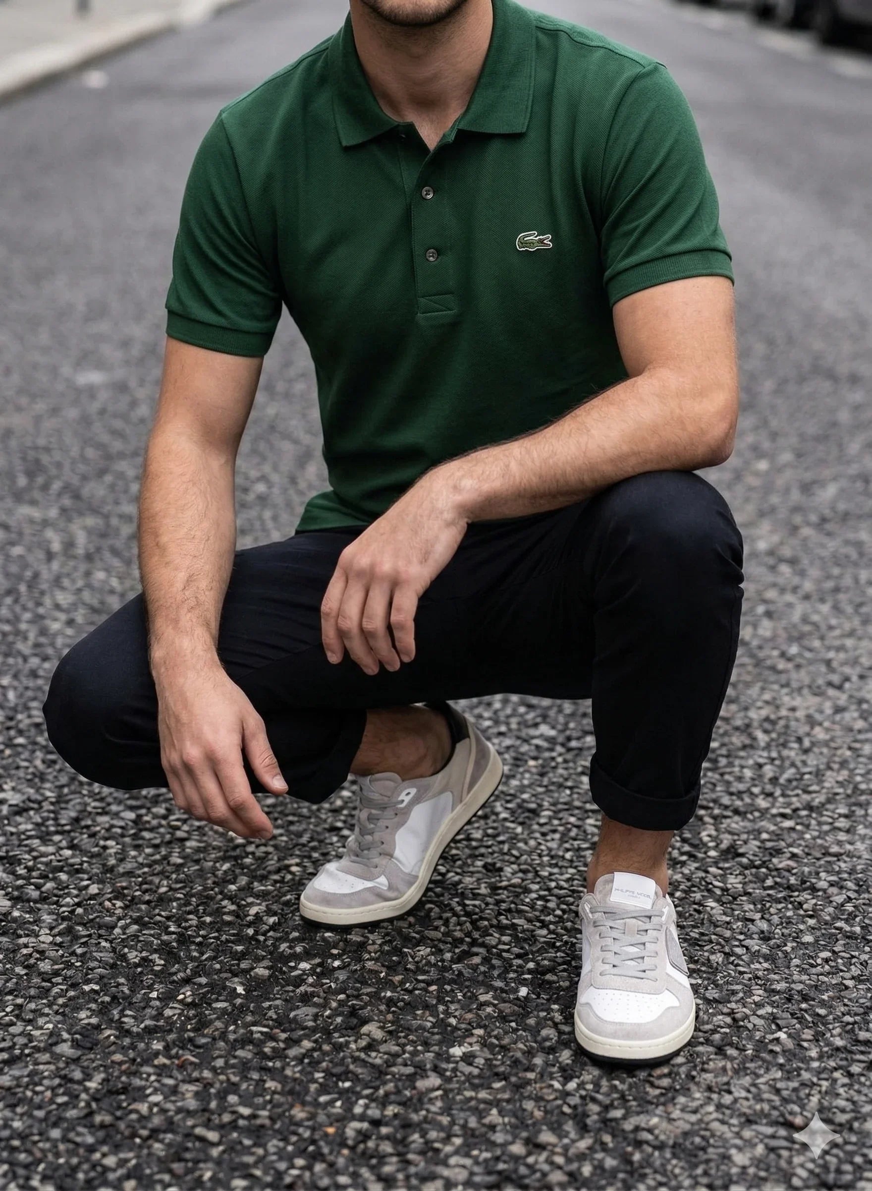 Uomo con polo verde, pantaloni neri e sneakers casual, moda streetwear uomo