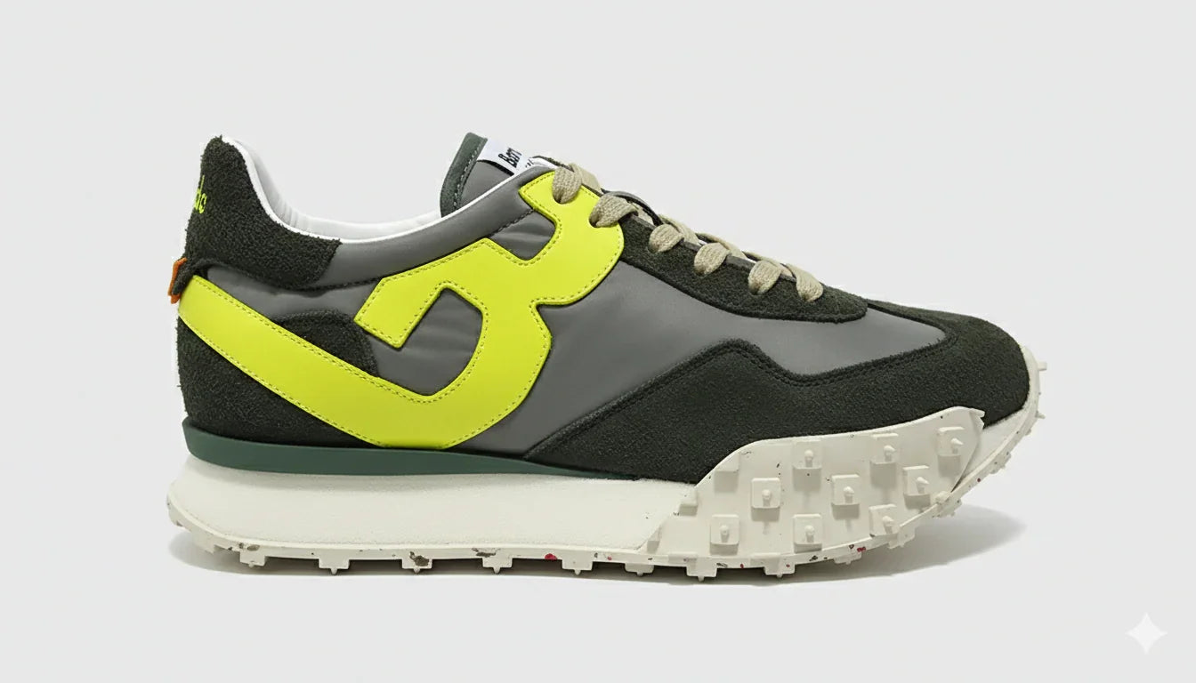 Sneaker uomo verde con dettagli giallo fluo, suola chunky e tomaia in pelle e tessuto