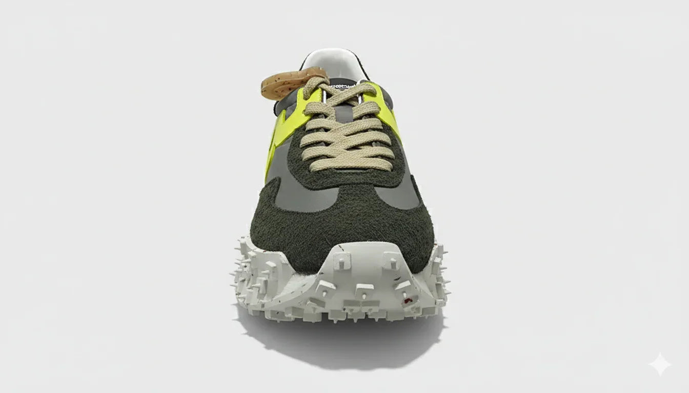 Sneaker uomo verde con dettagli gialli, suola bianca con tasselli, vista frontale