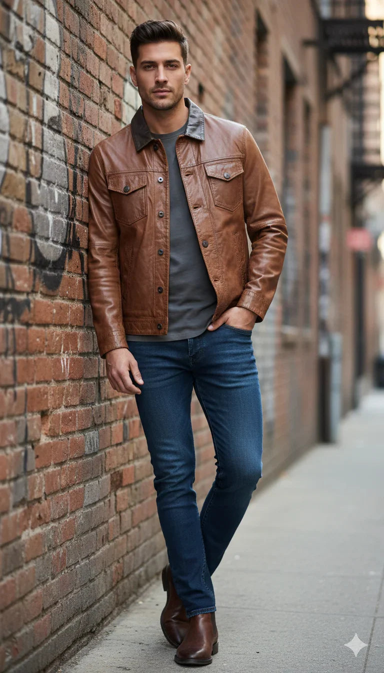 Uomo con giacca di pelle marrone, jeans blu e stivaletti, look moda urbana uomo.