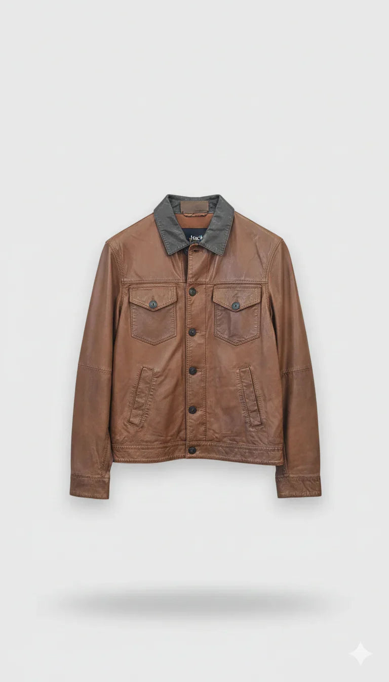 Giacca uomo in pelle marrone con colletto nero, stile casual, moda Made in Italy